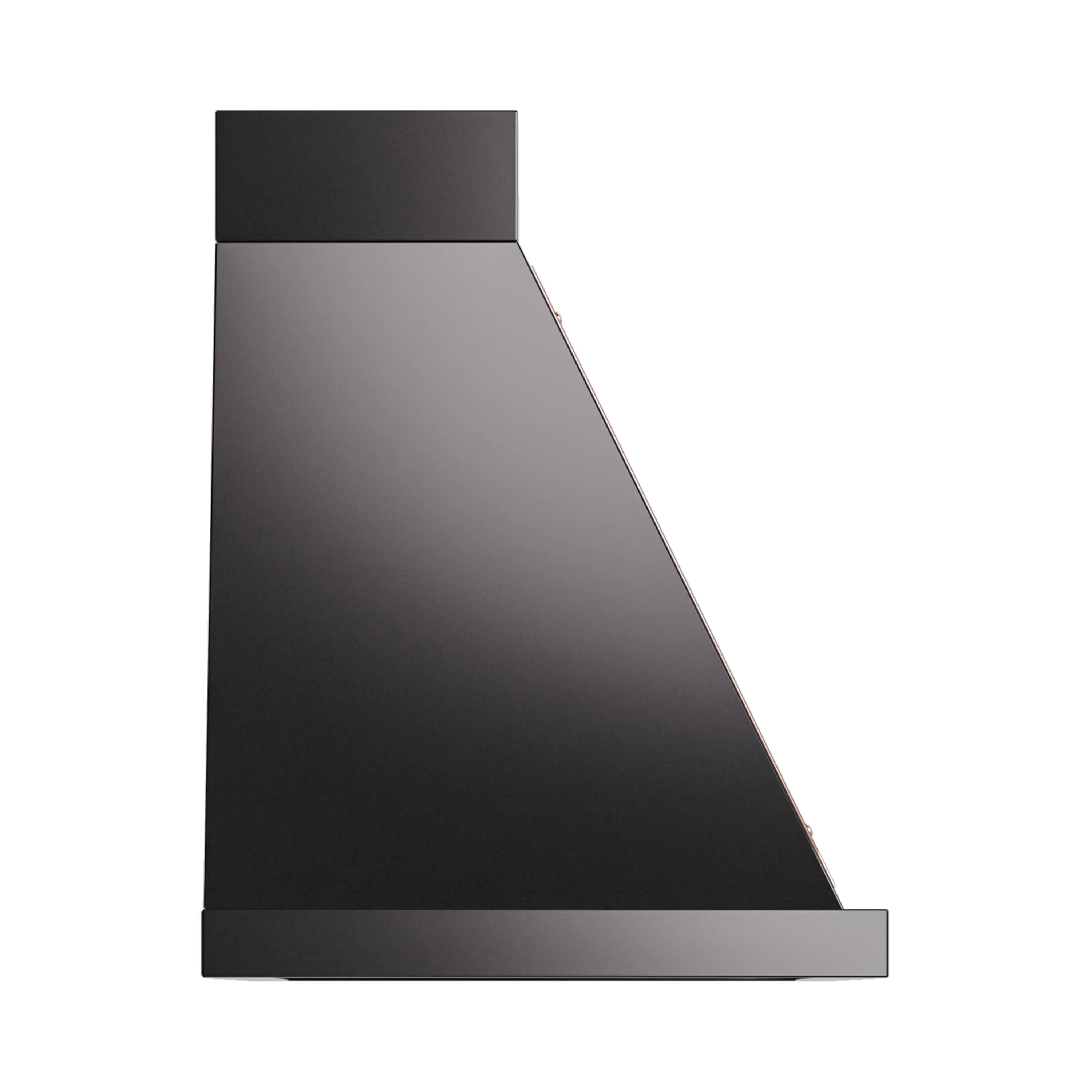 Black wall-mounted range hood with angled chimney panel and sleek front