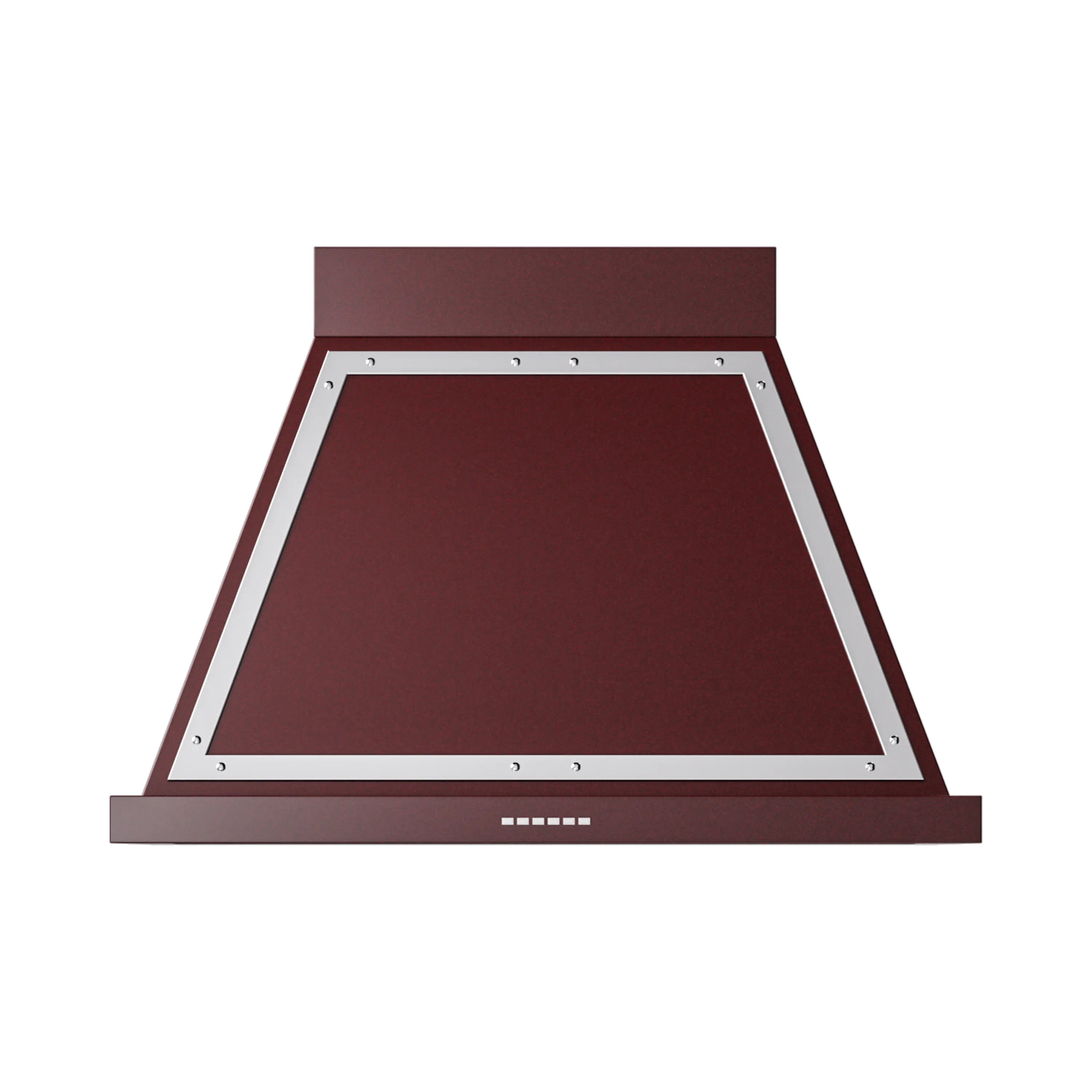 Burgundy wall-mounted range hood with chrome trim and vented canopy panel