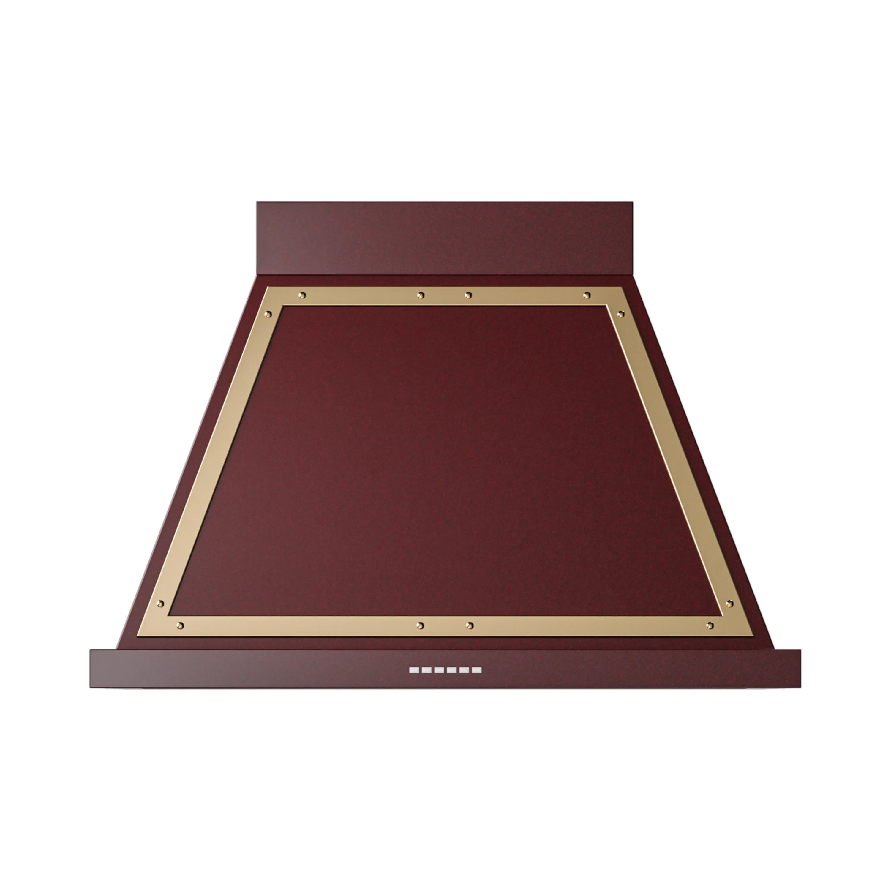 Burgundy wall range hood with brass-trimmed underside and centered vent controls