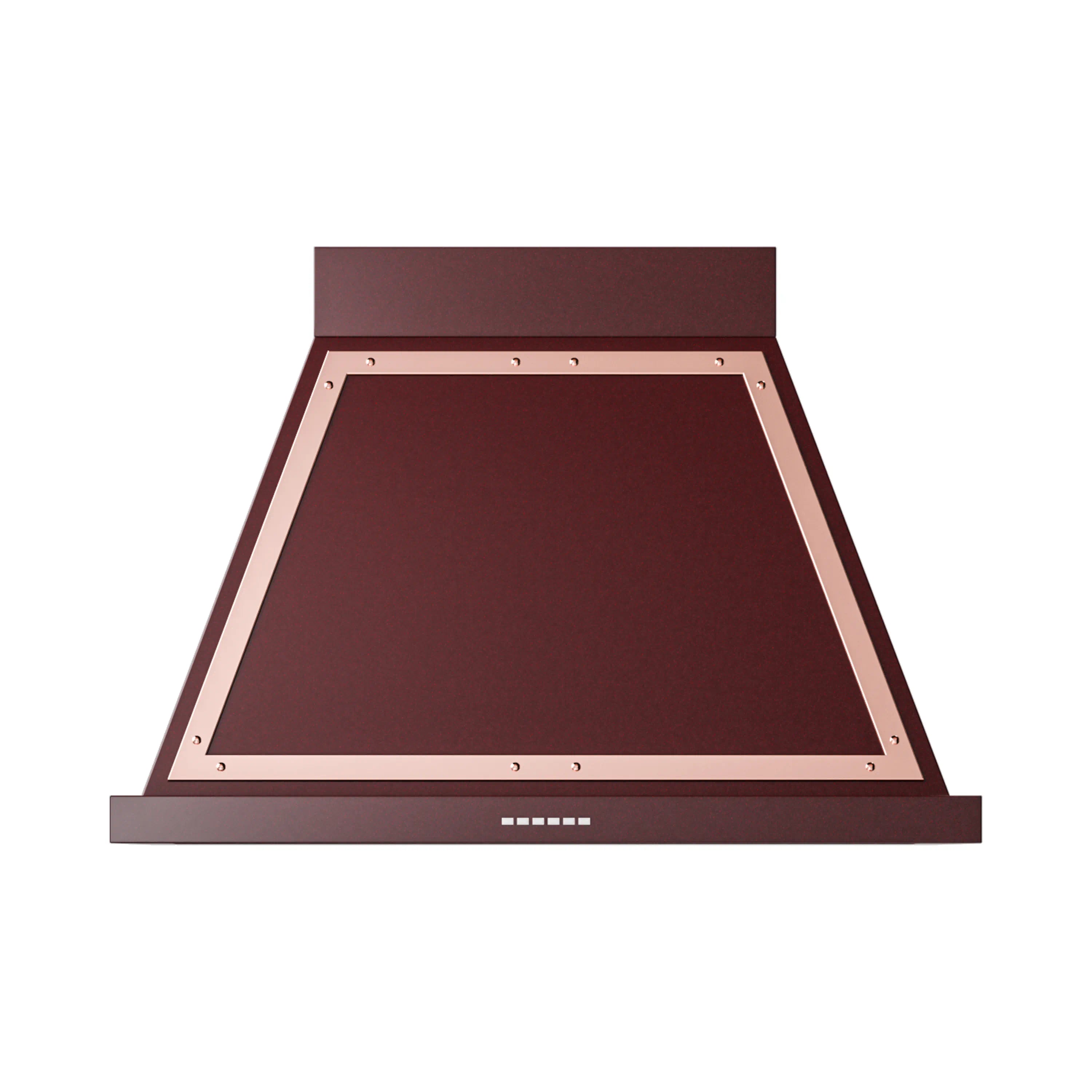 Burgundy wall range hood canopy with copper inner frame and control panel