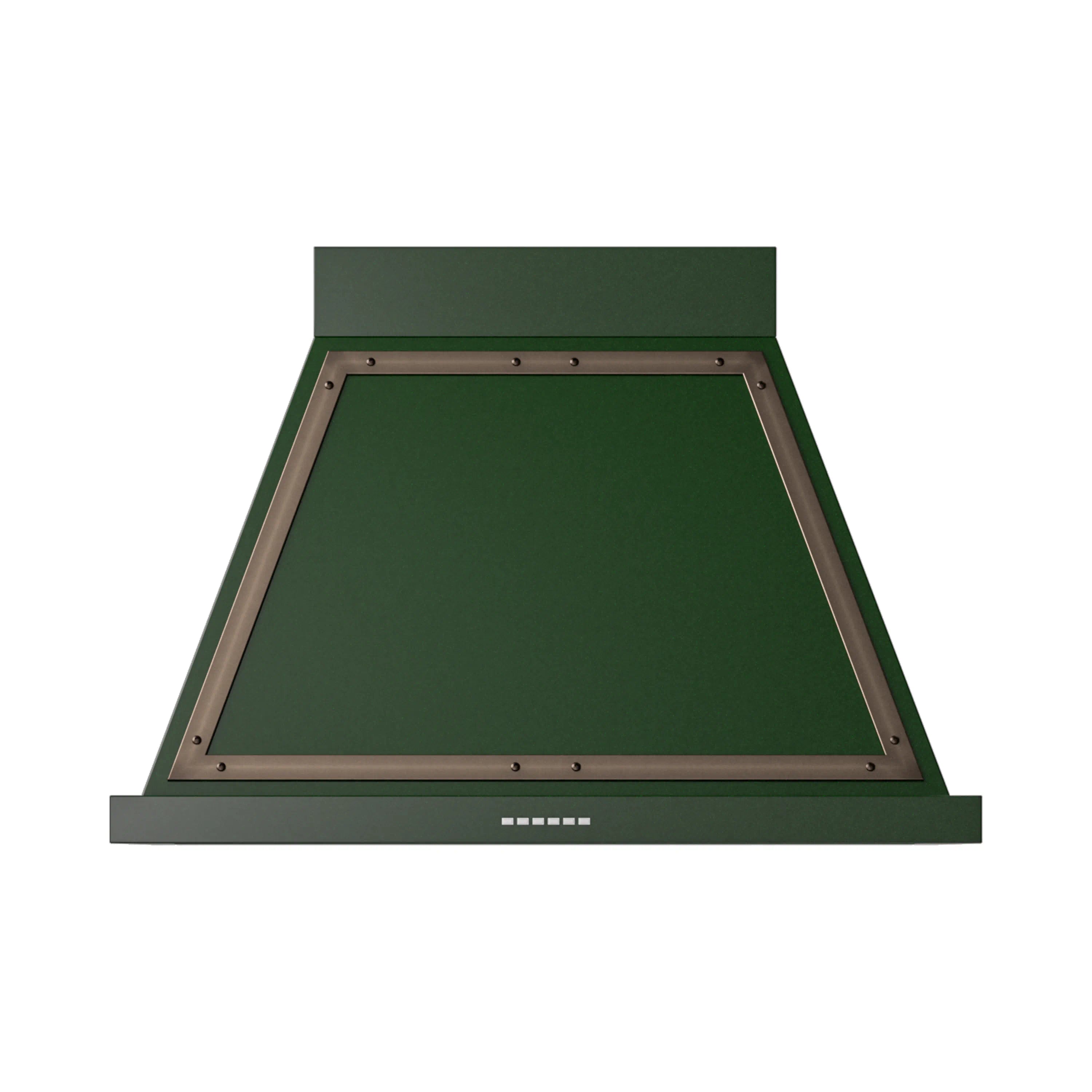 Emerald green wall range hood with bronze-trimmed front panel and vent control bar