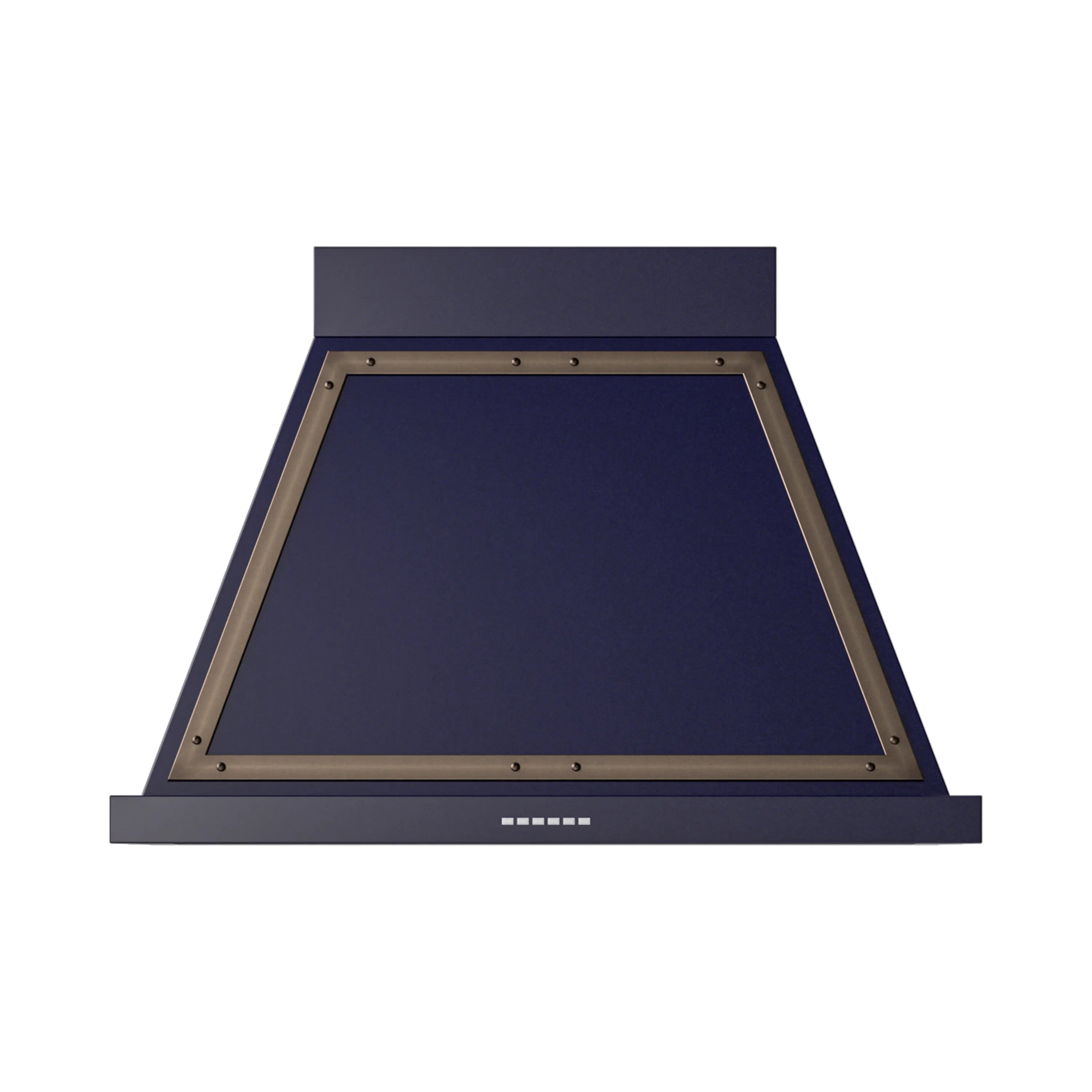 Midnight blue wall range hood with bronze-trimmed underside and vent control strip