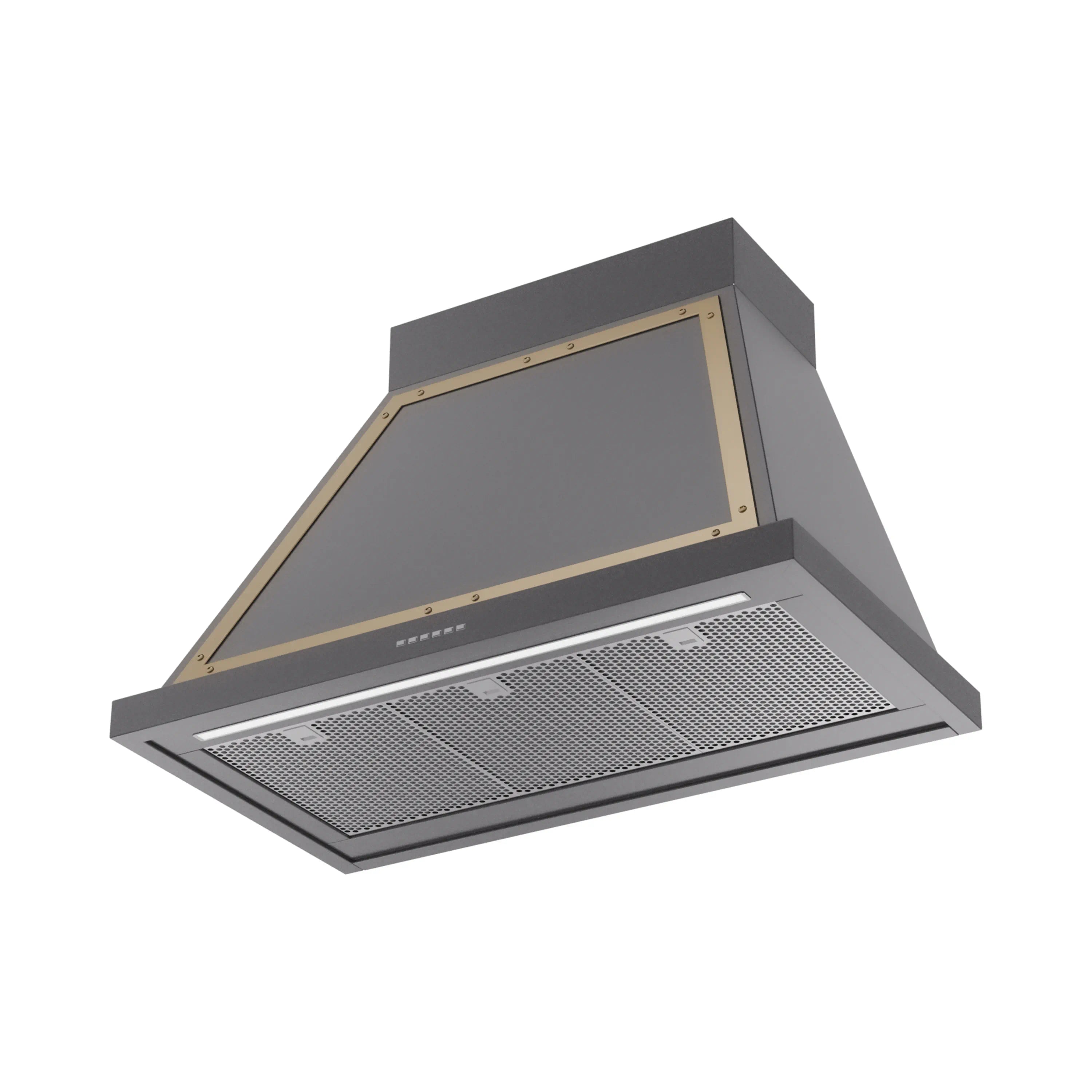 Graphite matte wall range hood with brass-trimmed glass panel and mesh filters