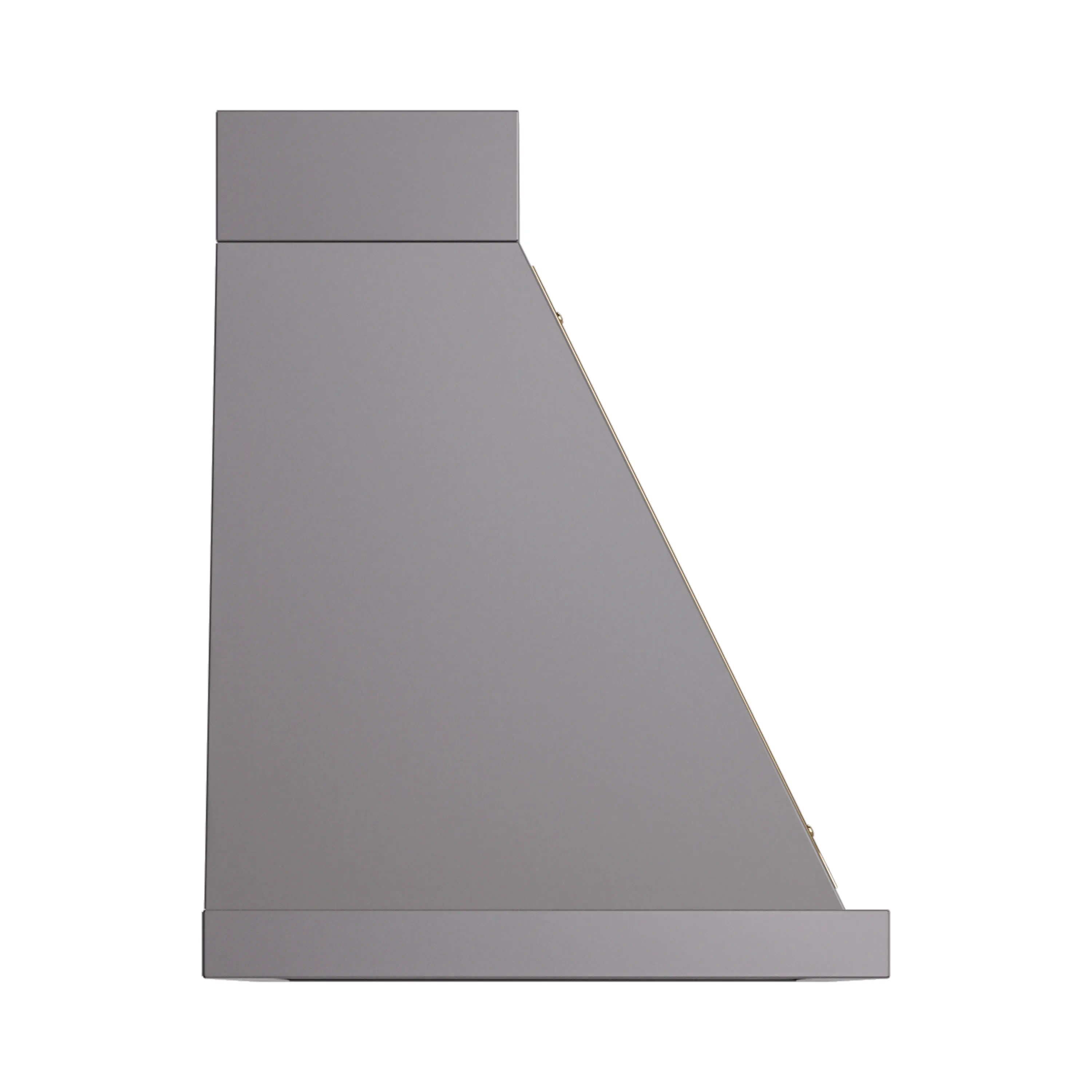 Graphite matte wall range hood side view with brass edge trim and flue cover