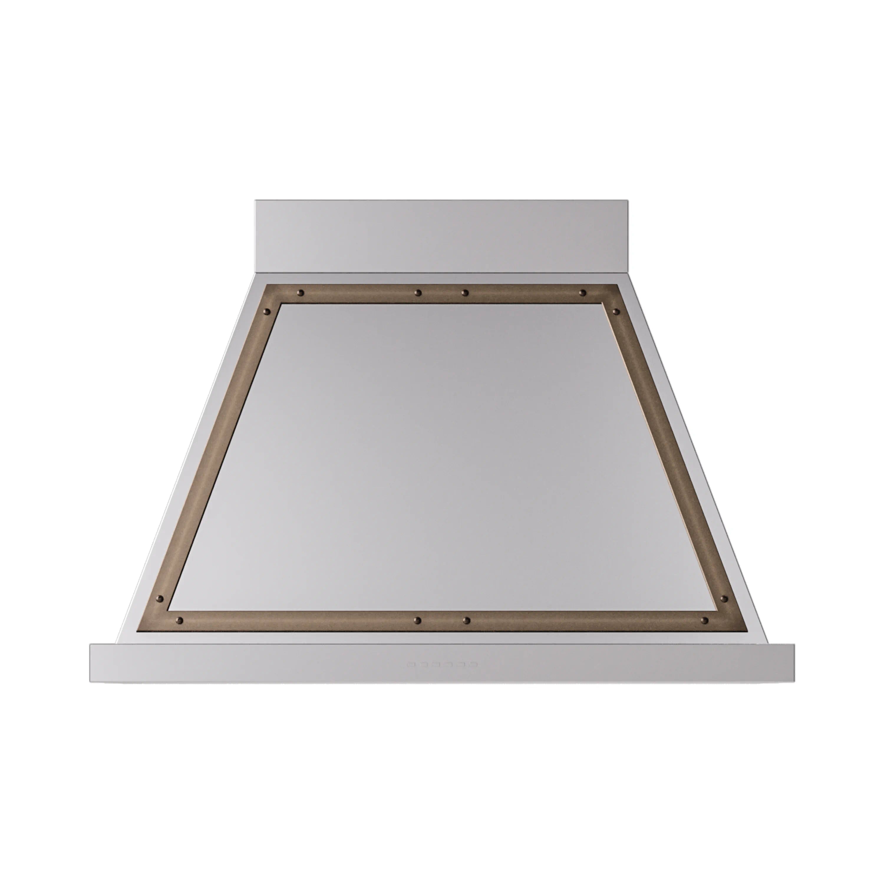 Wall-mounted range hood with stainless steel and bronze-trimmed canopy, open underside