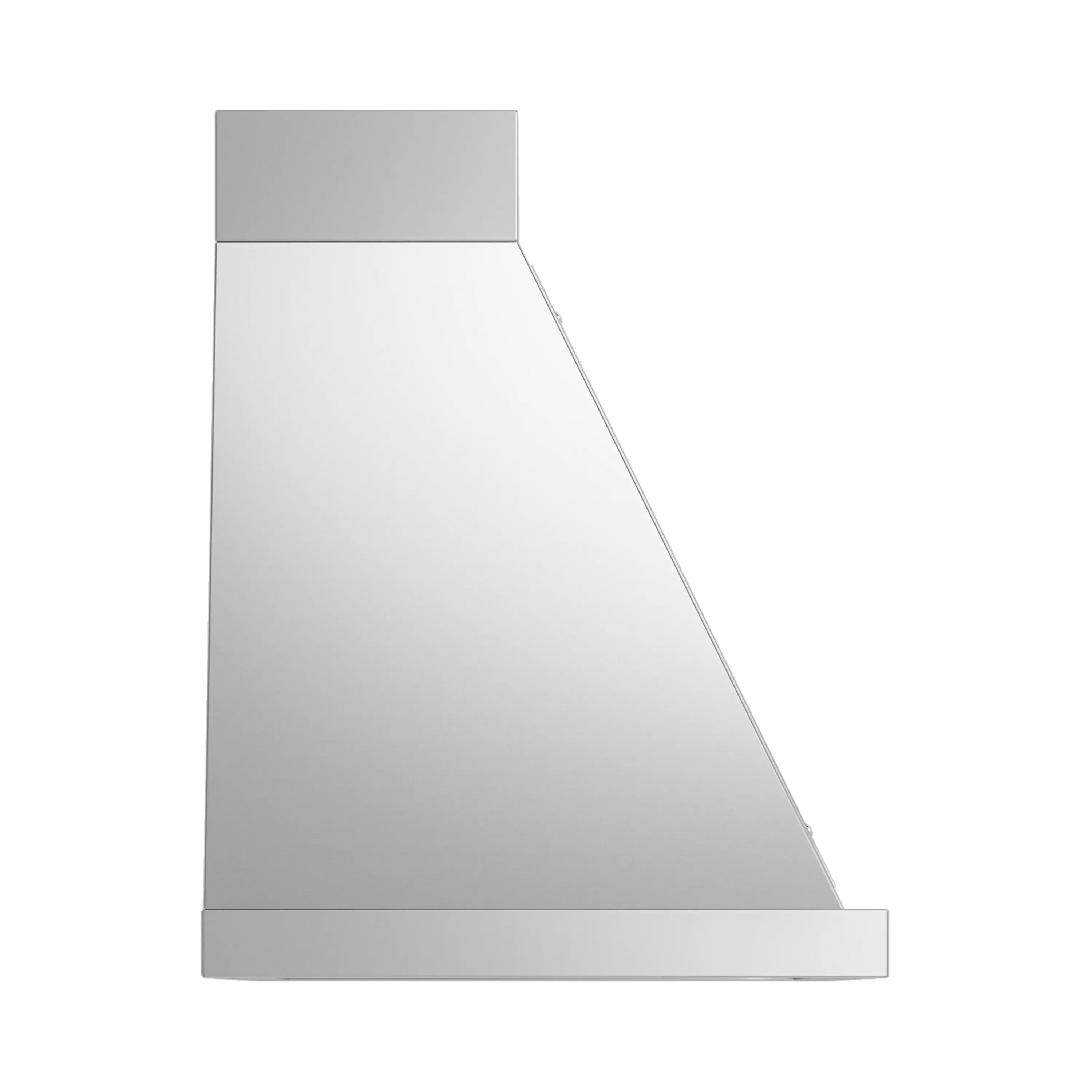 Stainless steel wall range hood with angled front panel and top section