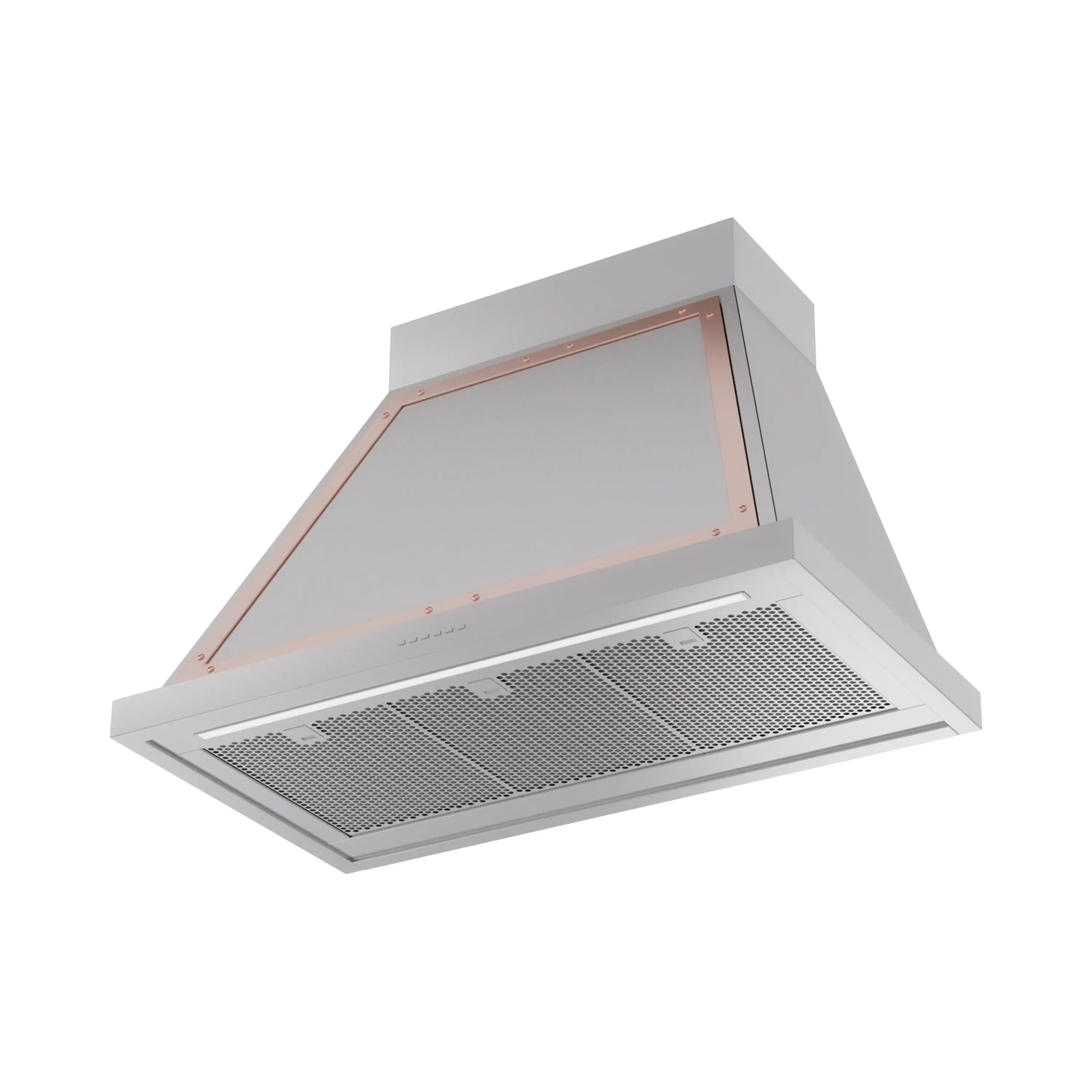 Wall mounted range hood underside with mesh filter and copper-edged duct opening