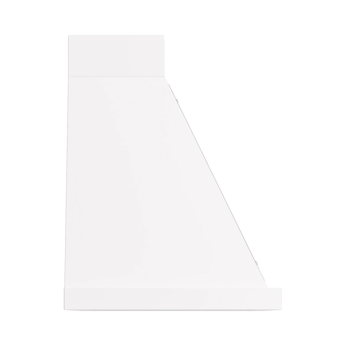 ILVE white wall range hood chimney profile with angled flue and chrome trim