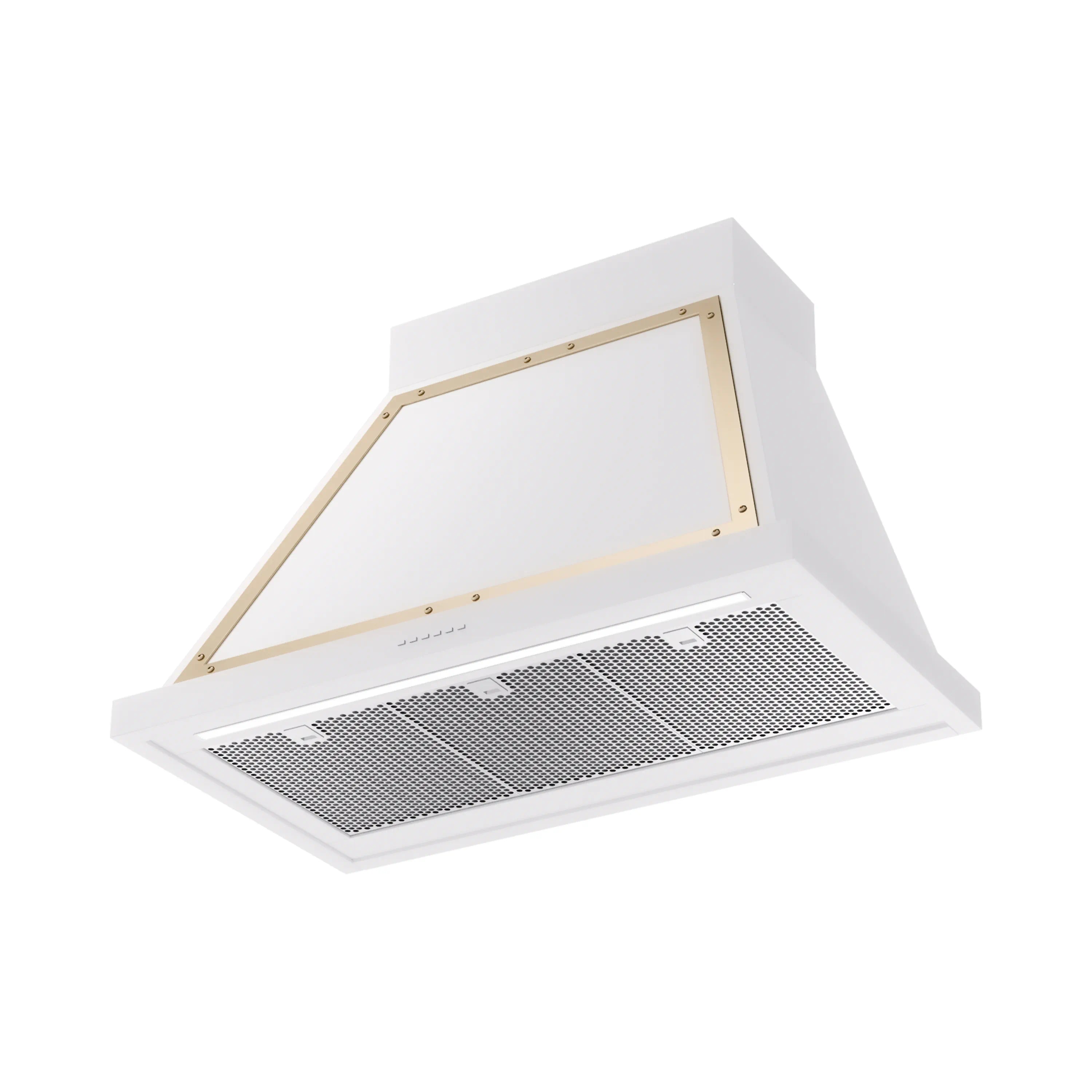 Wall-mounted range hood with vent grille and raised canopy, white and brass trim