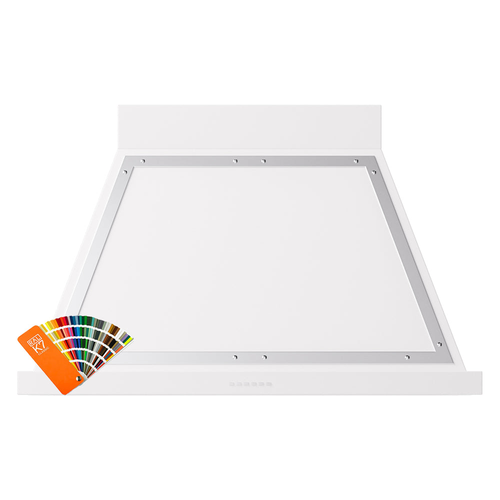 Wall-mounted range hood with white finish and chrome trim, open front panel