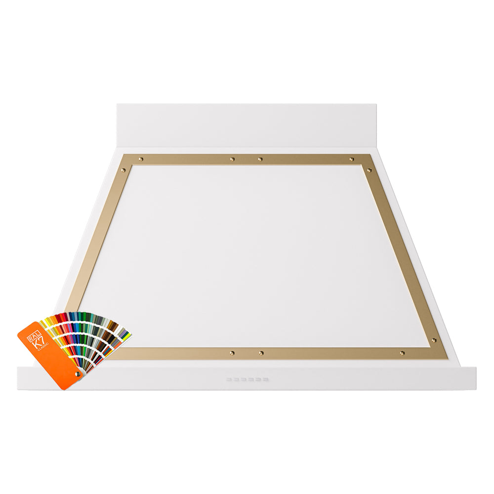 ILVE wall-mounted range hood with brass-trimmed canopy and white chimney