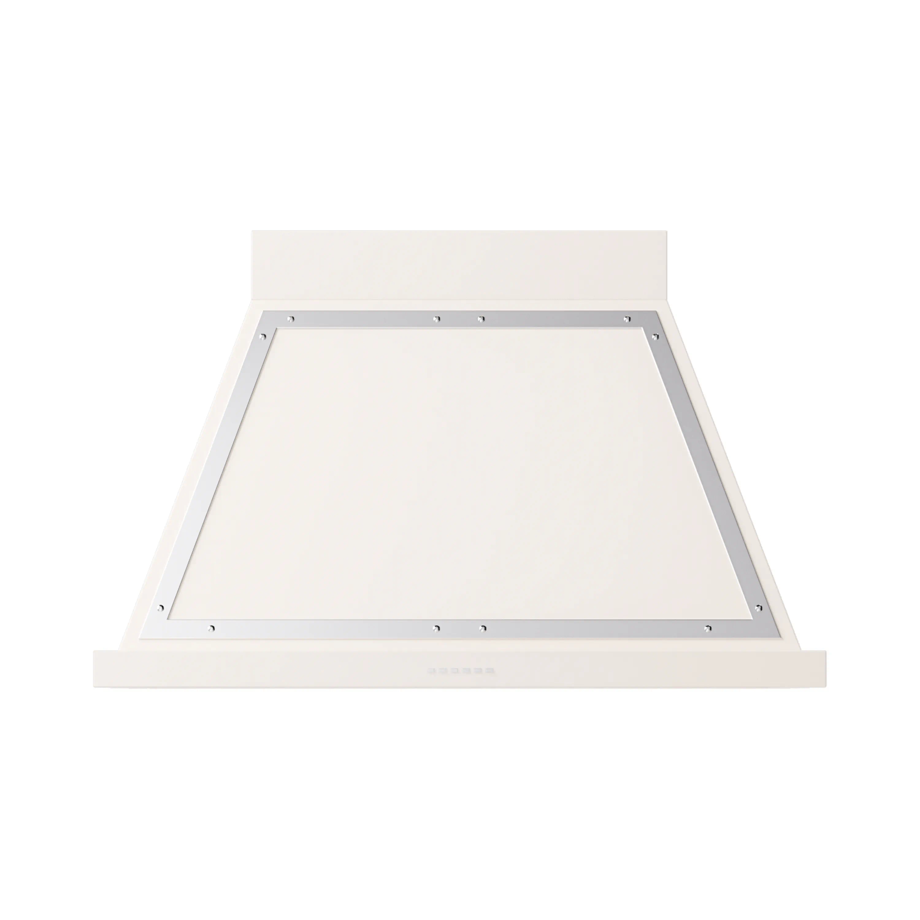 Wall-mounted range hood, antique white with chrome-trimmed canopy and vent opening.