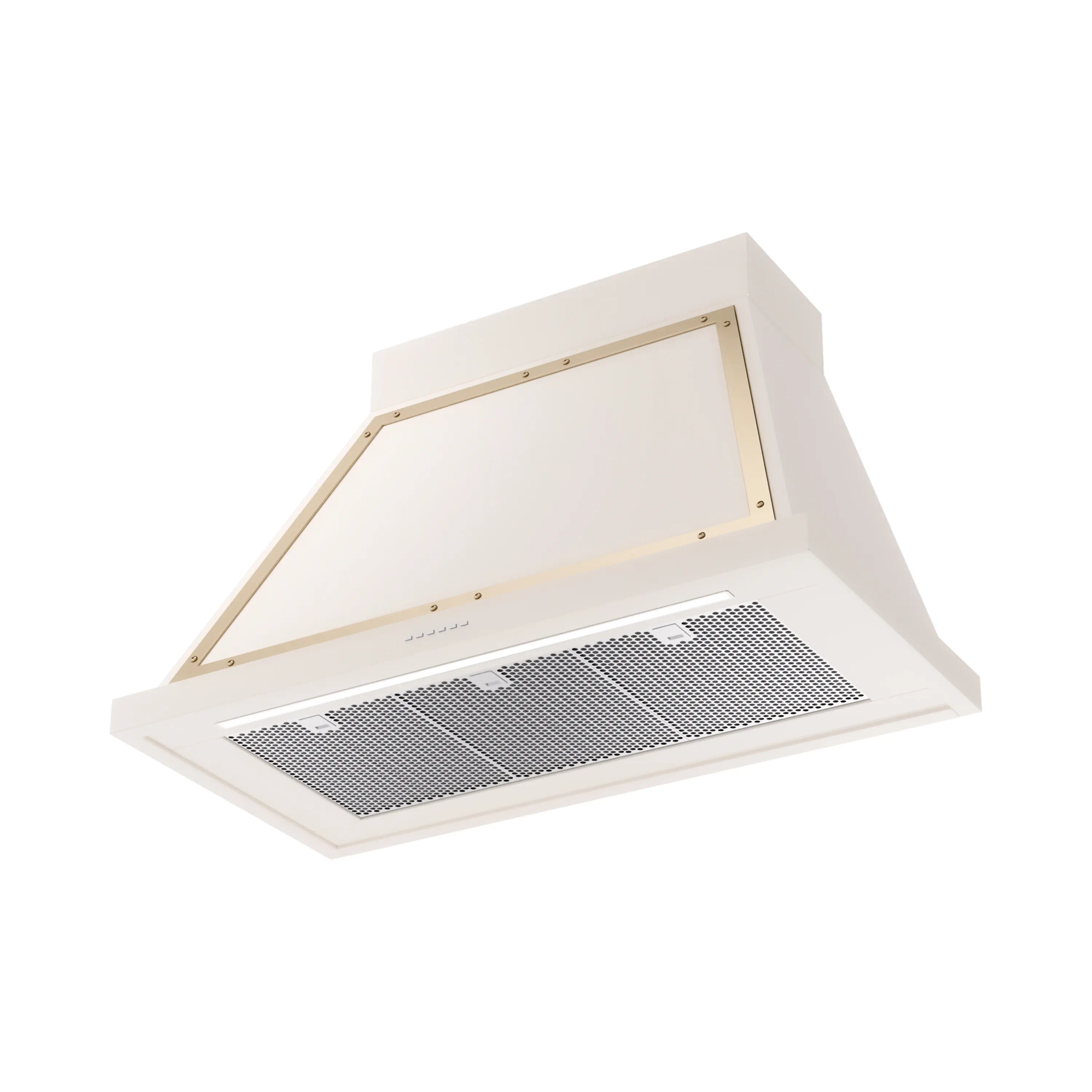 Wall-mounted range hood in antique white with brass trim and front mesh filter