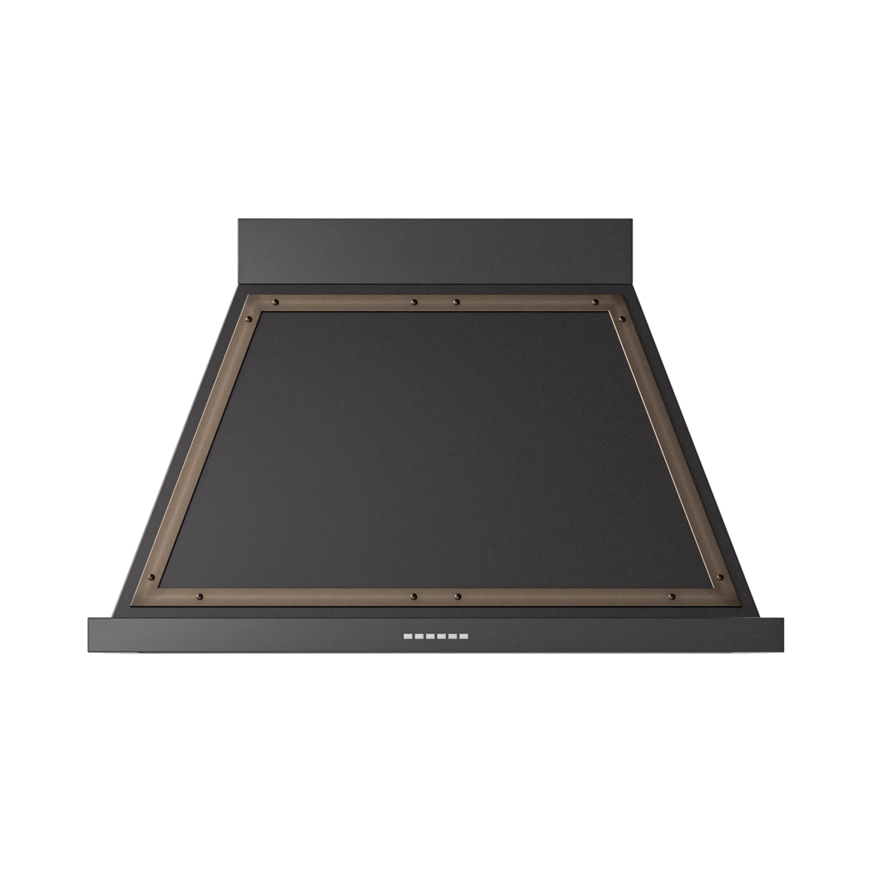 Glossy black wall range hood with bronze trim and recessed underside filter