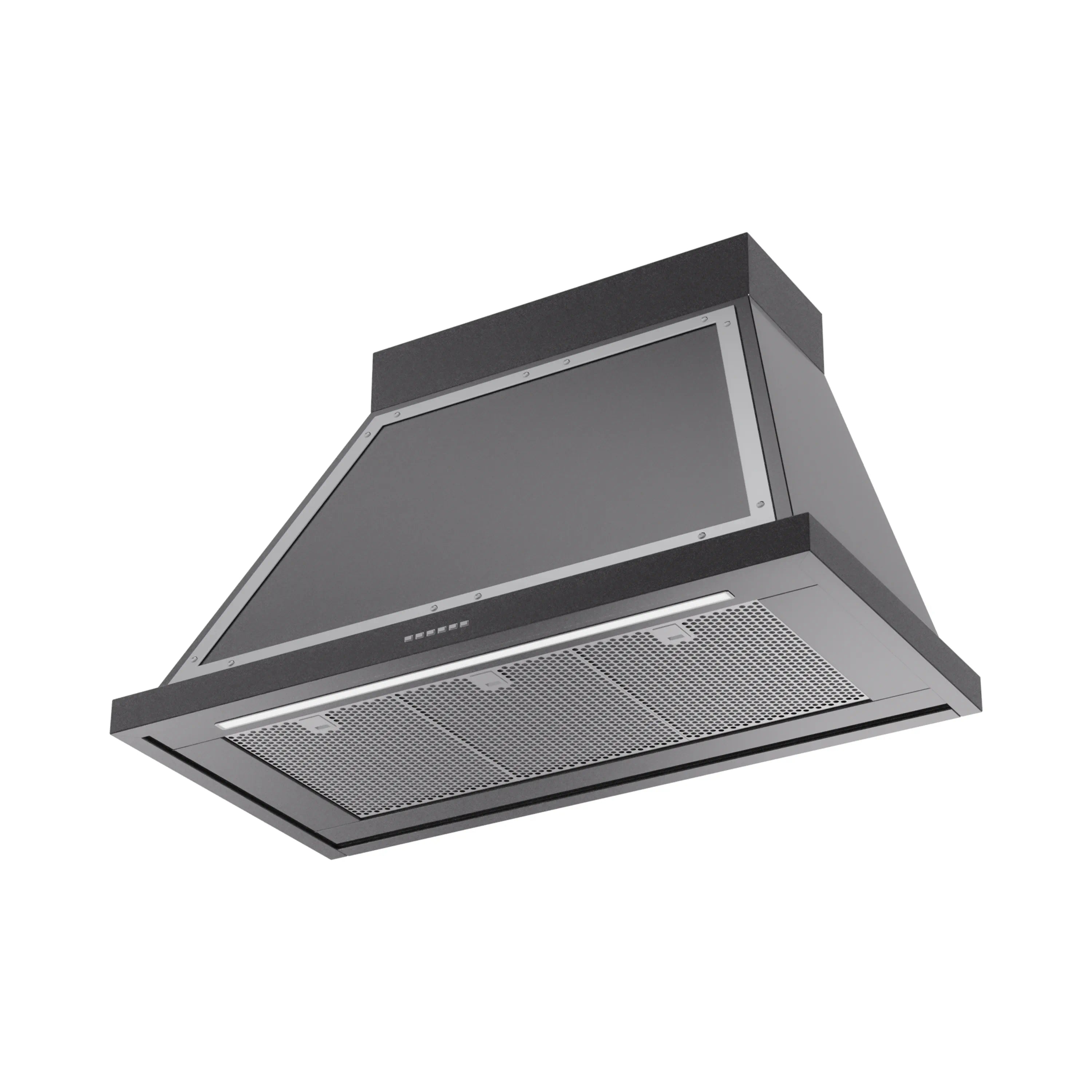Glossy black wall range hood with chrome trim and mesh grease filter