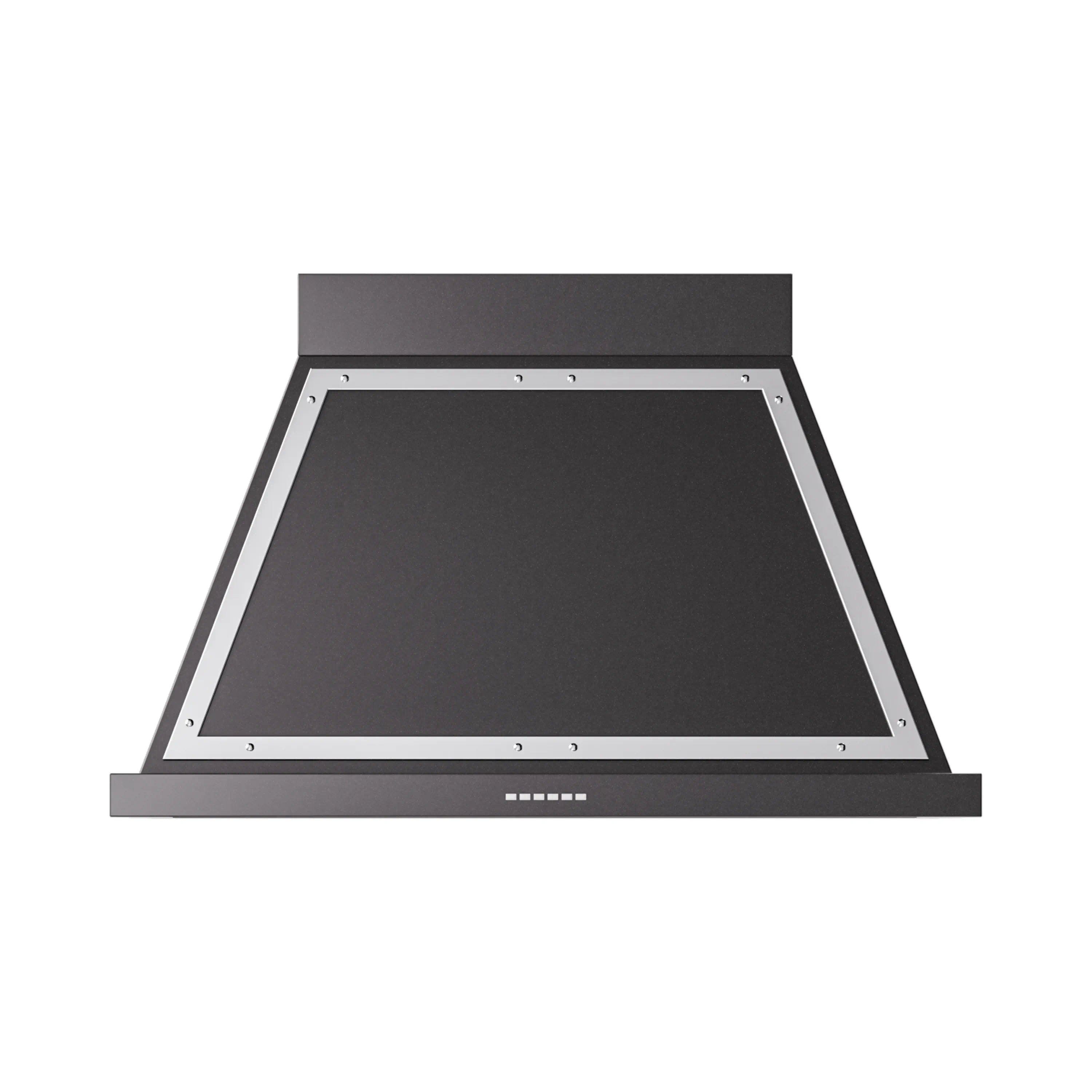 Black wall range hood with chrome-trimmed canopy and open bottom