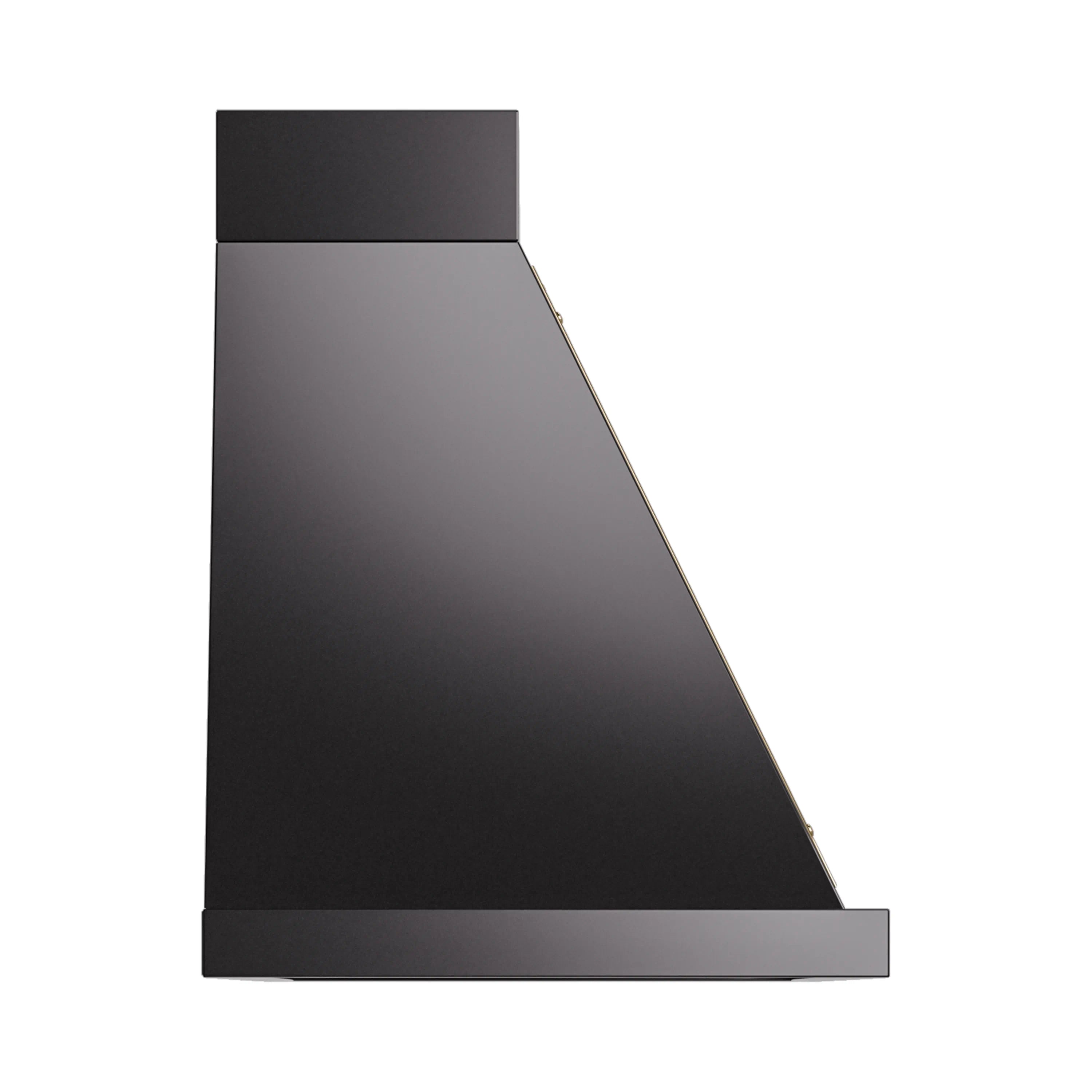 Wall mounted range hood in dark glossy black with brass-trimmed edge, angled canopy