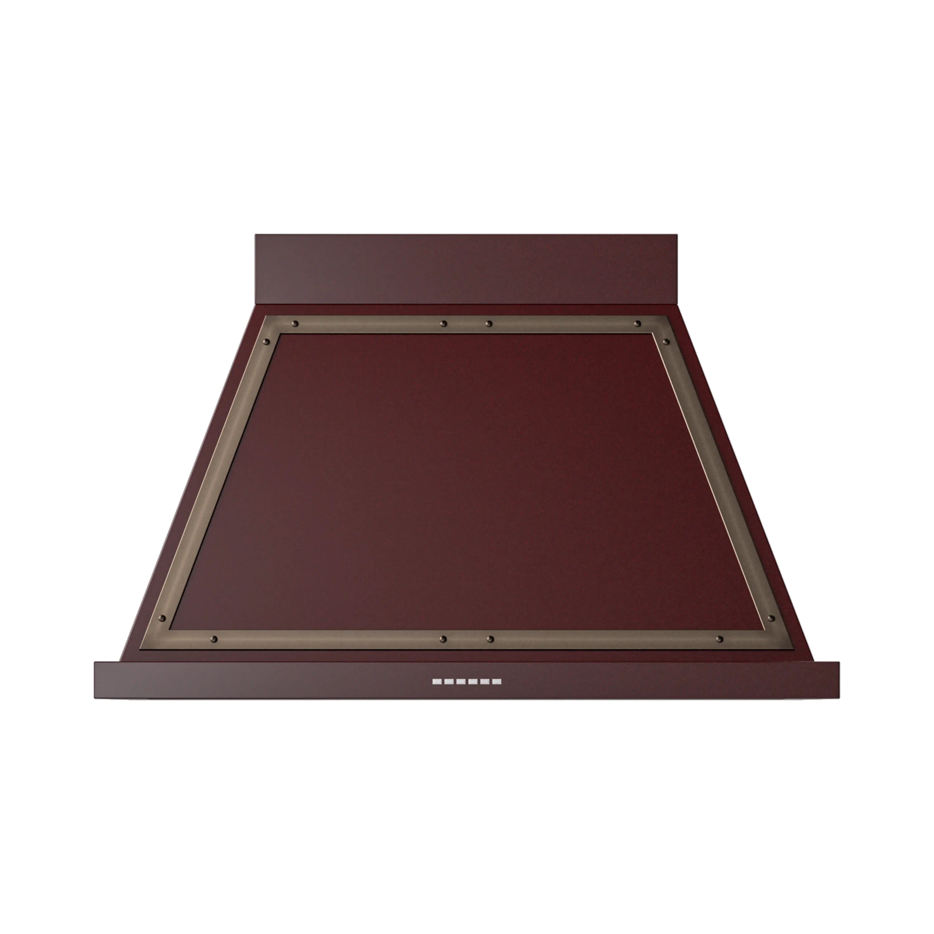 Burgundy wall hood with open chimney top and bronze edging