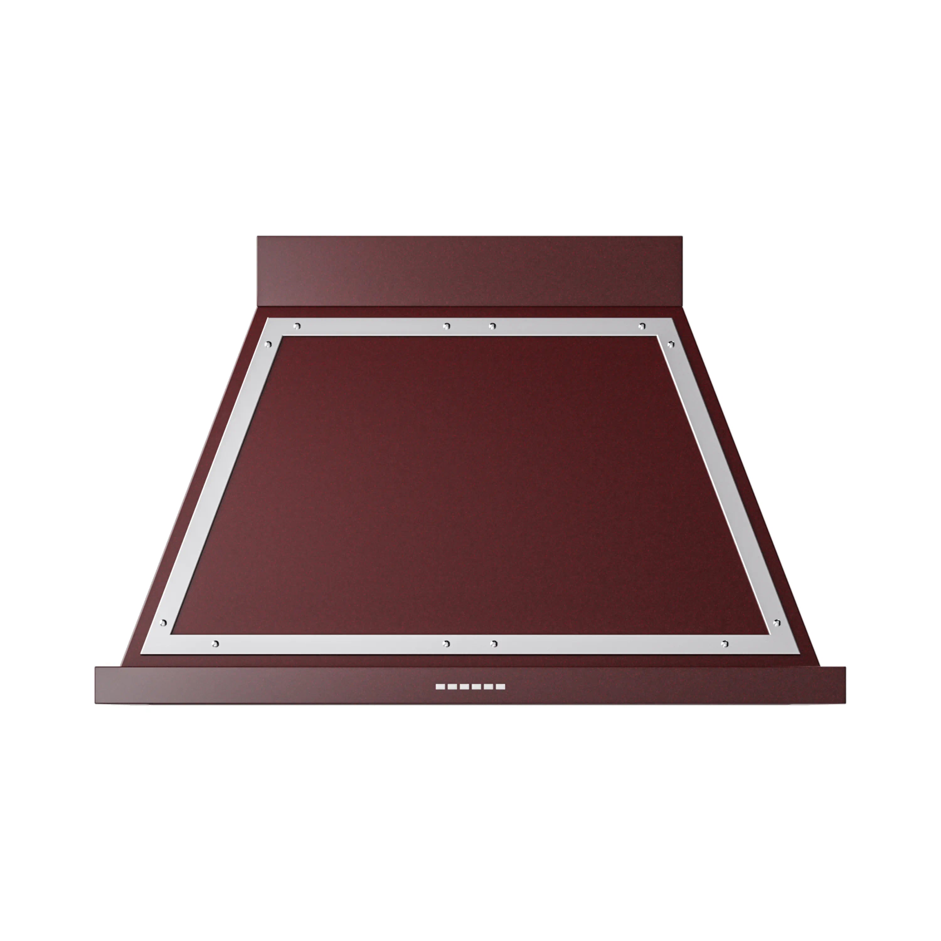 Burgundy wall-mount range hood underside view with filter slots and chrome frame.