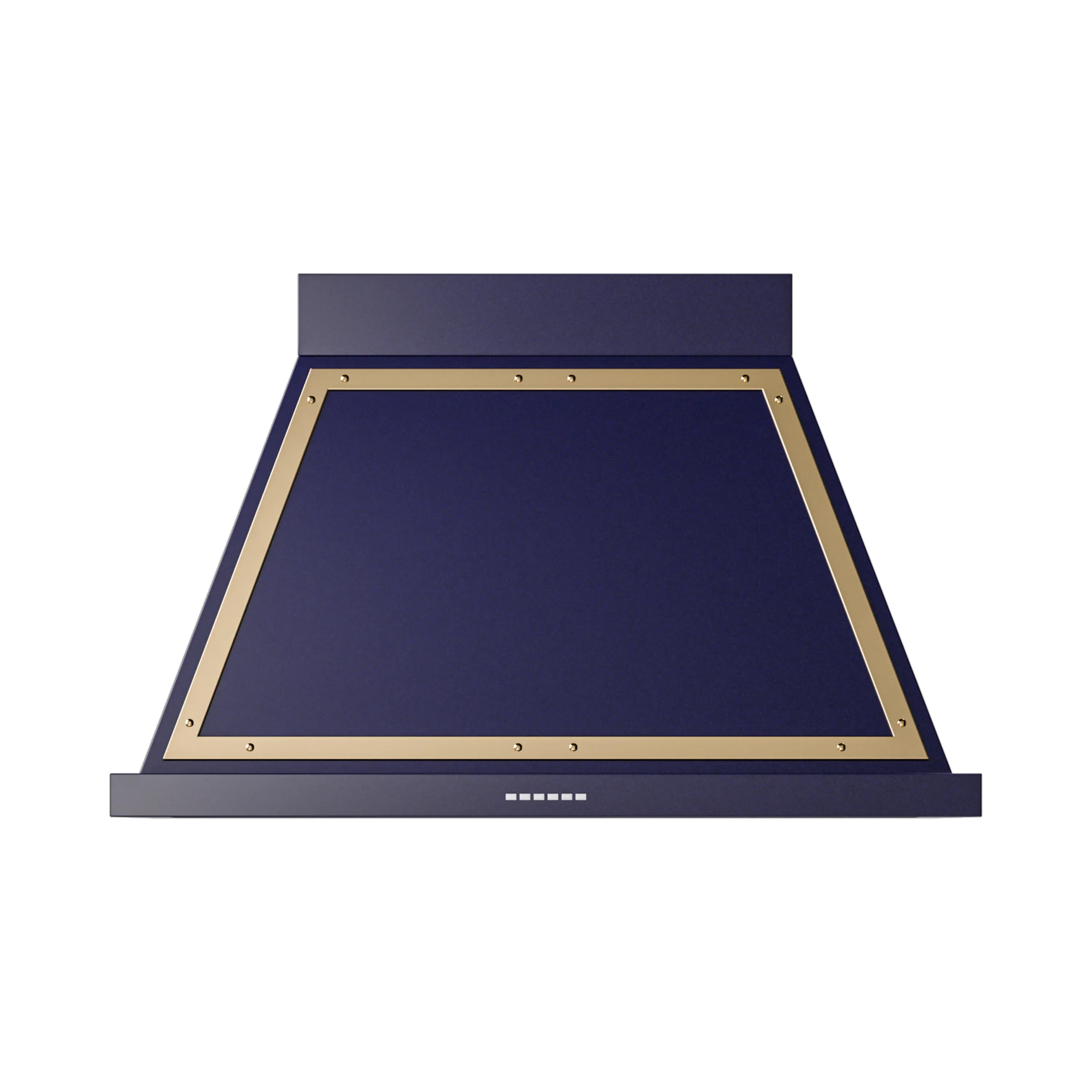 Wall-mounted range hood with midnight blue interior panel and brass trim around canopy