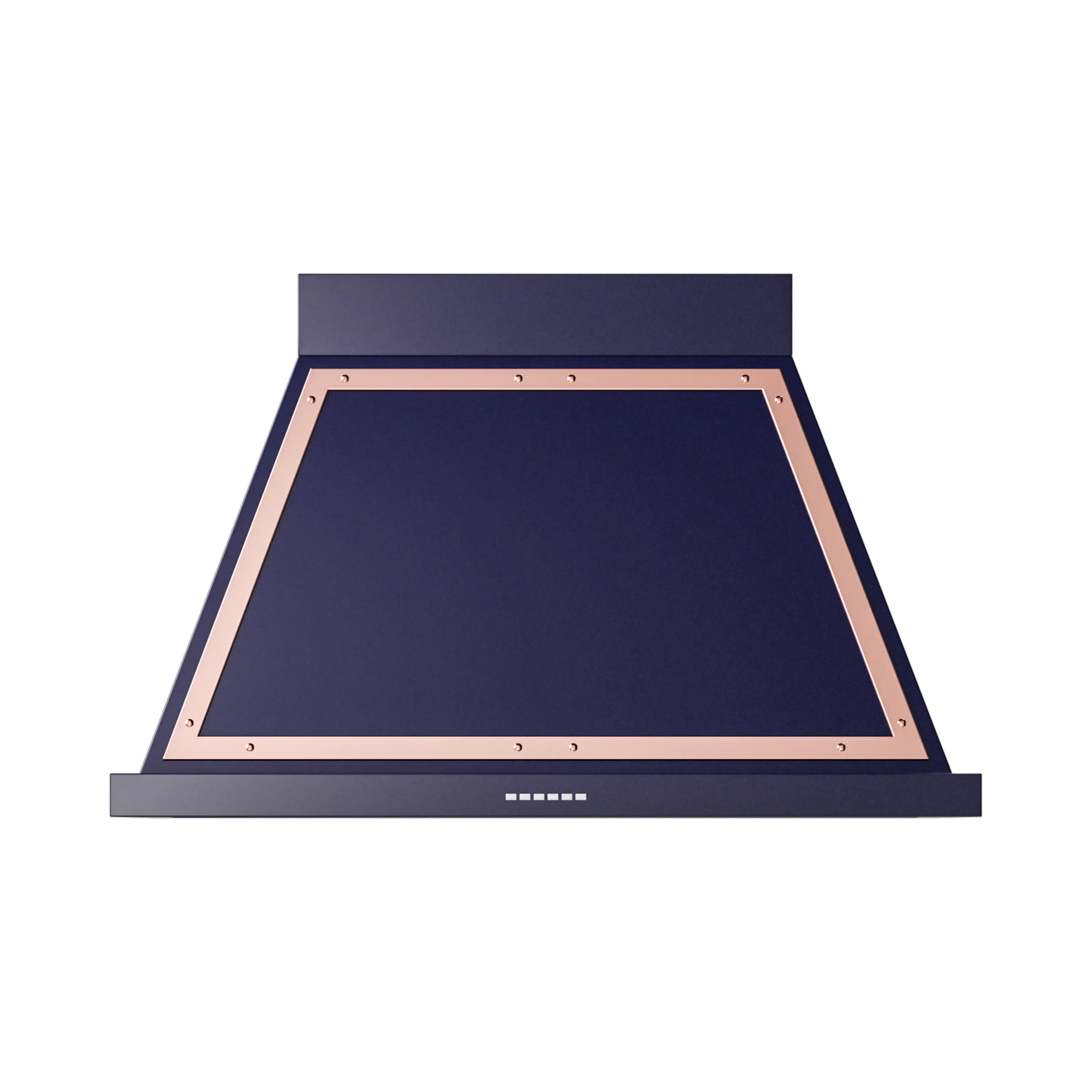 Wall-mounted range hood canopy in midnight blue with copper border trim