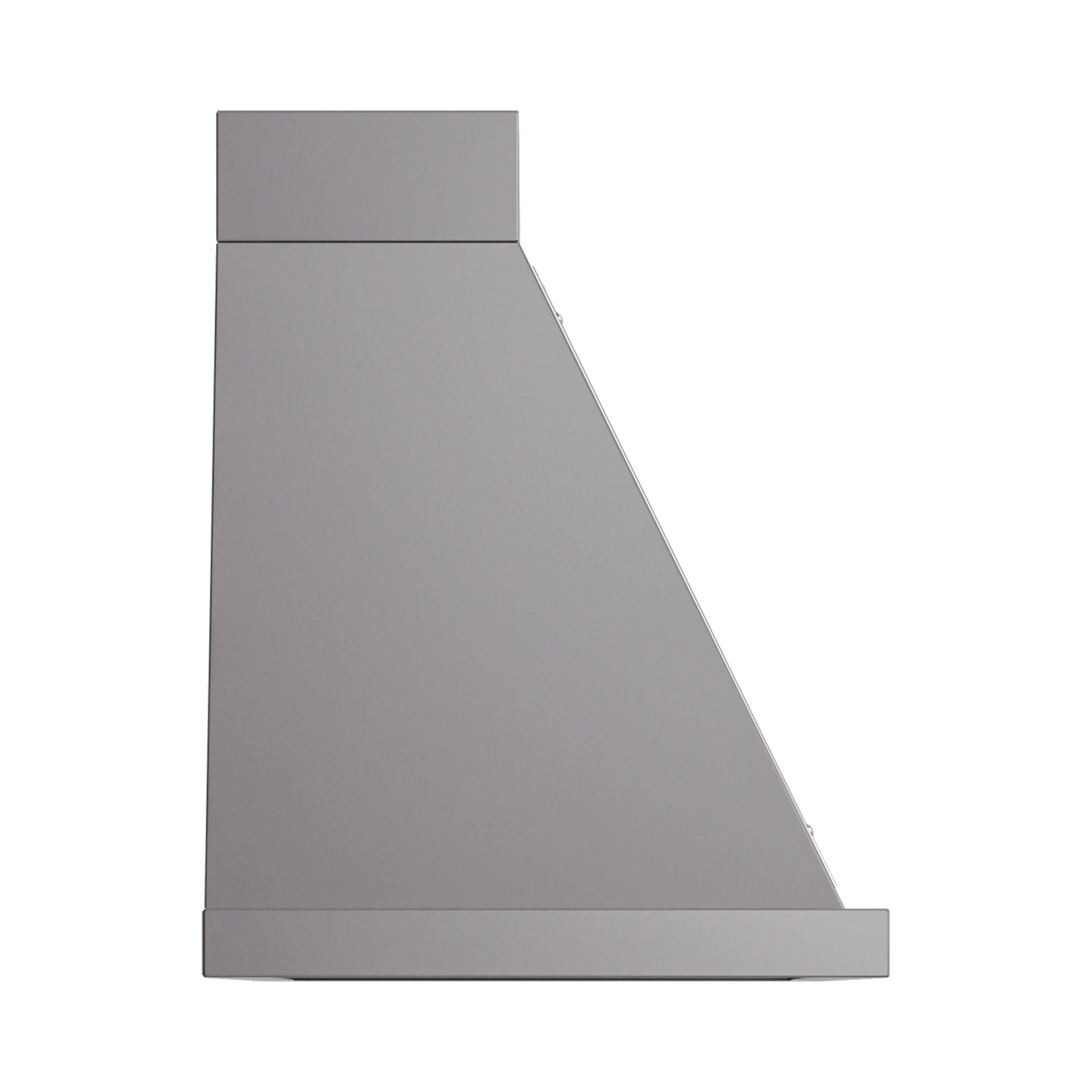 Wall-mounted range hood side view in graphite matte with chrome trim edge