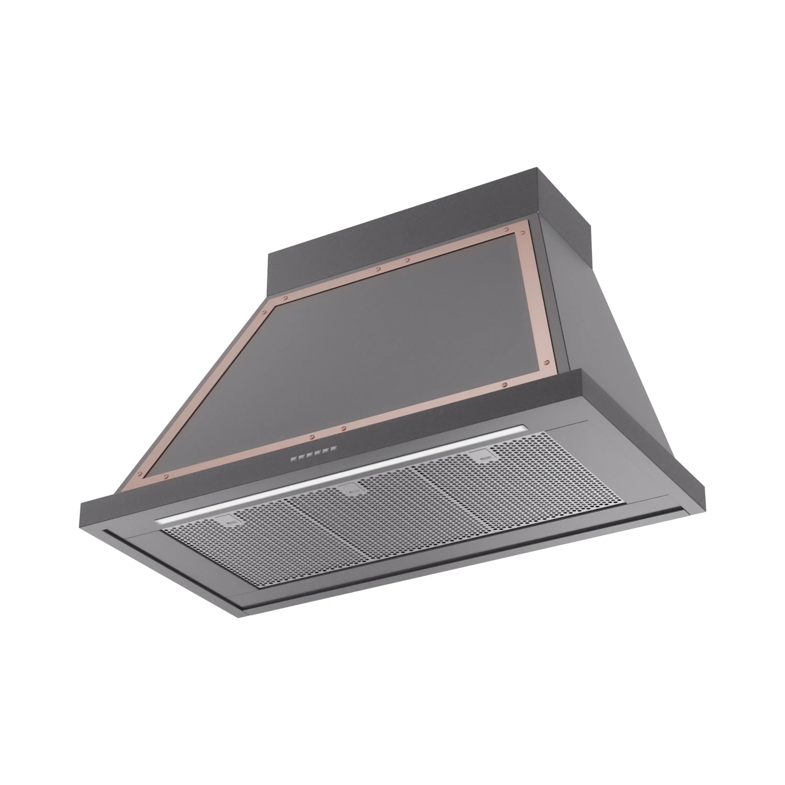 Graphite matte wall range hood with copper trim, front vented light controls, mesh filters