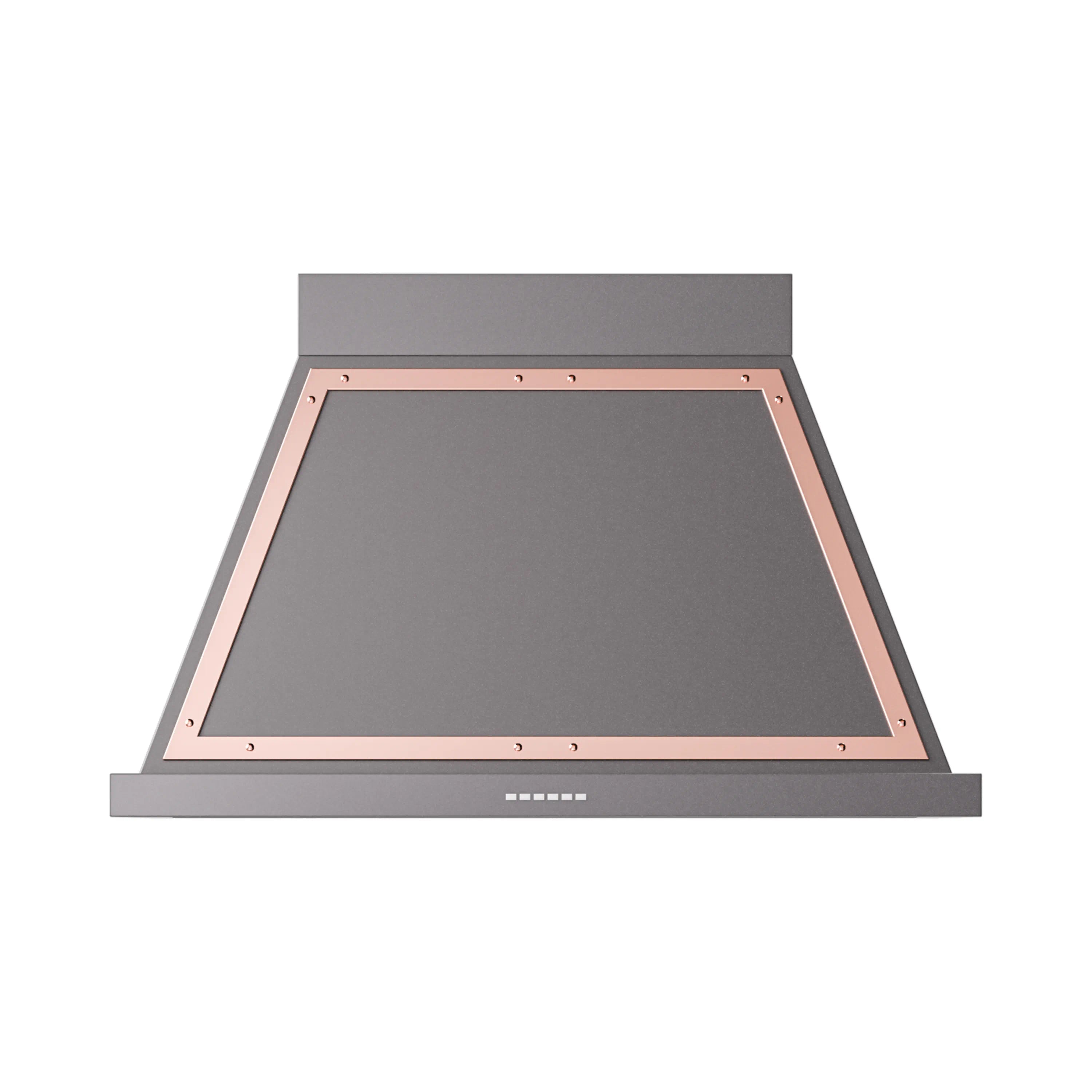 Graphite matte wall range hood with copper-trimmed chimney and mesh filter panel