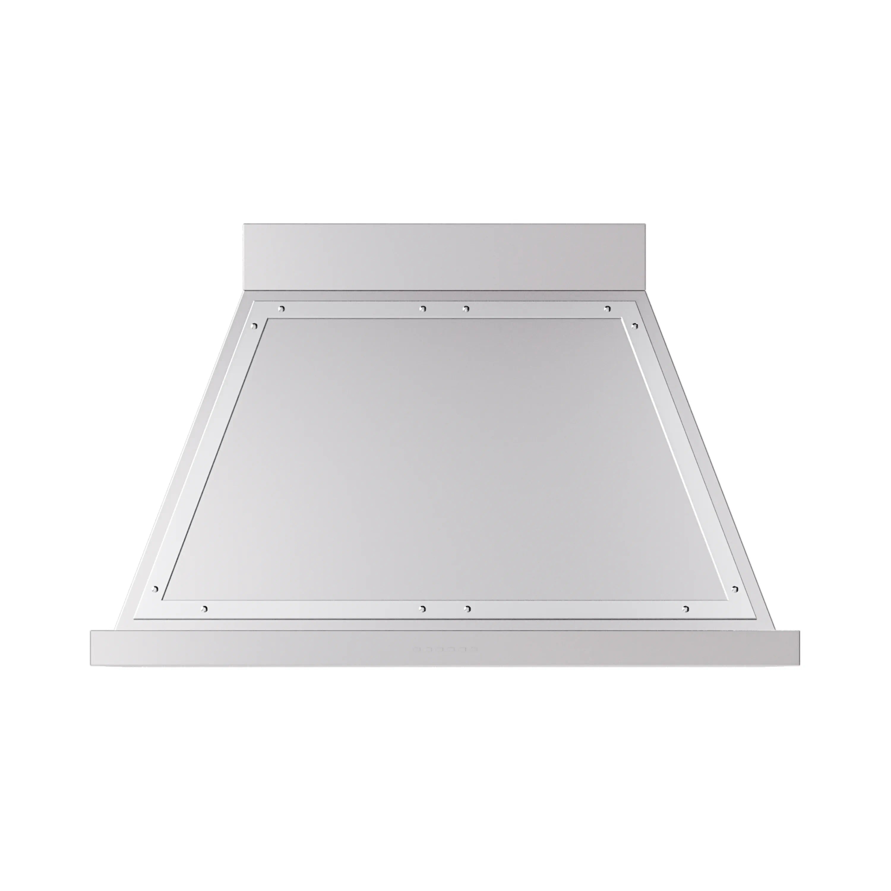 Stainless steel wall range hood with chrome trim and flat canopy front