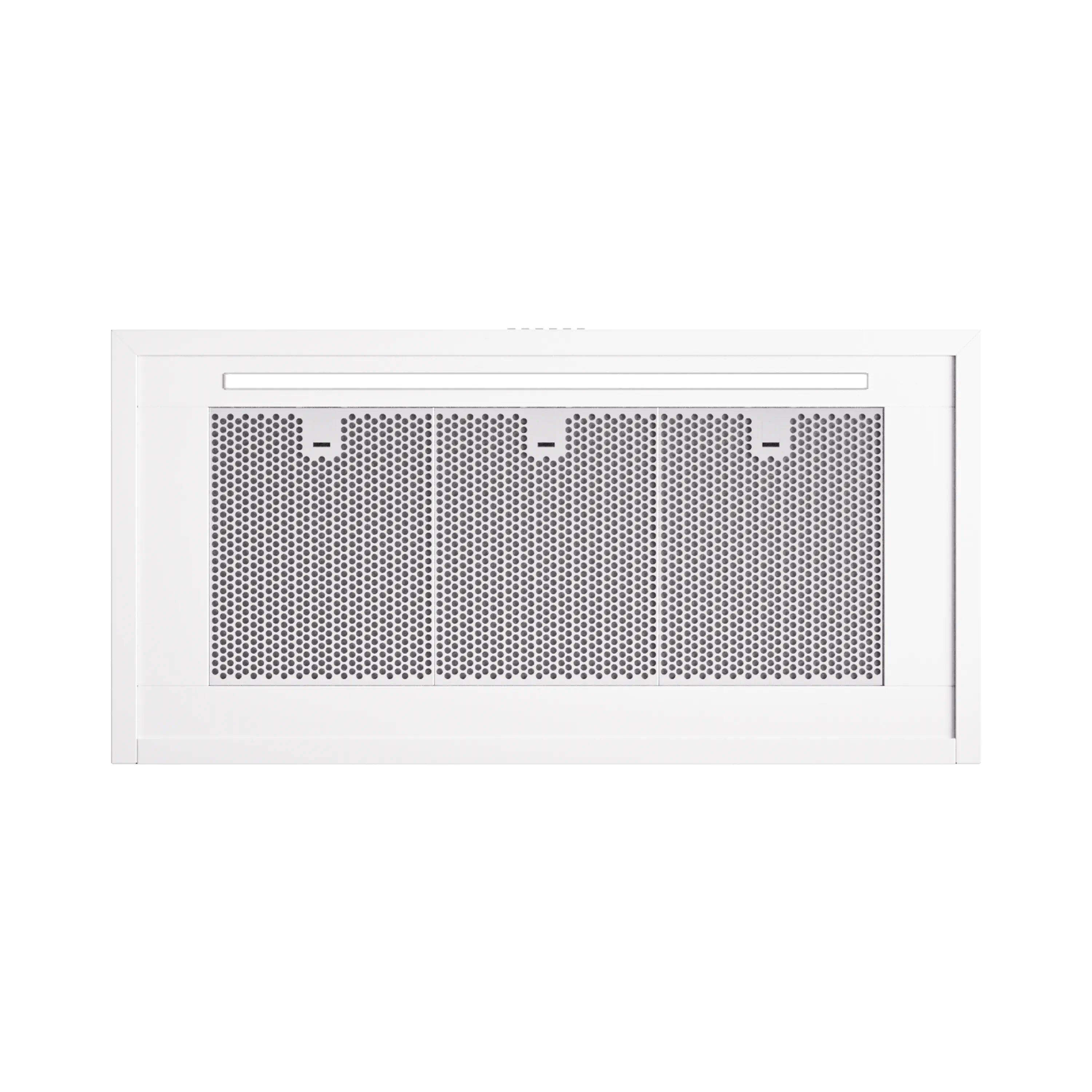 White wall-mounted range hood with chrome-trimmed vent and perforated metal filter