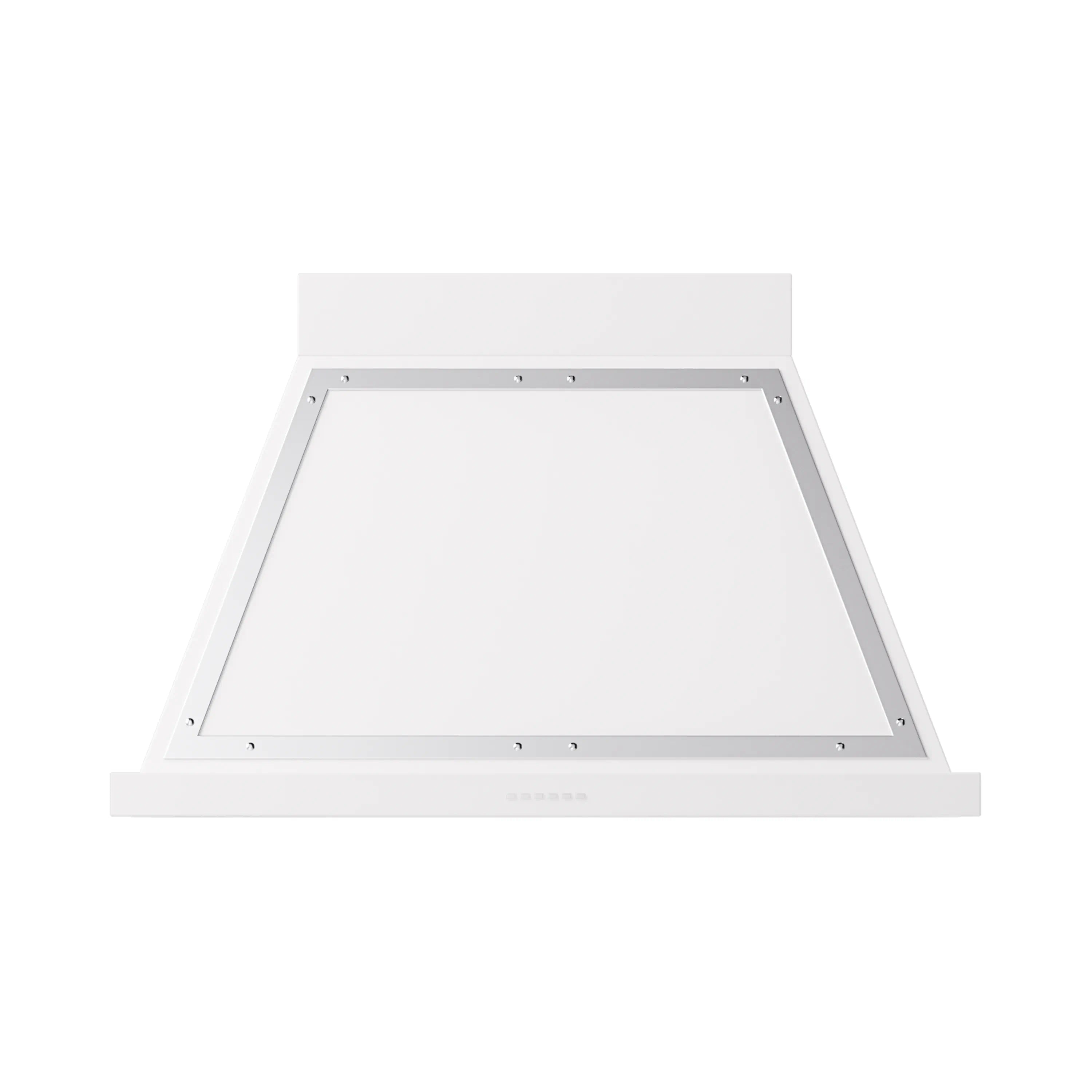 White wall-mounted range hood underside frame with open chimney and mounting points