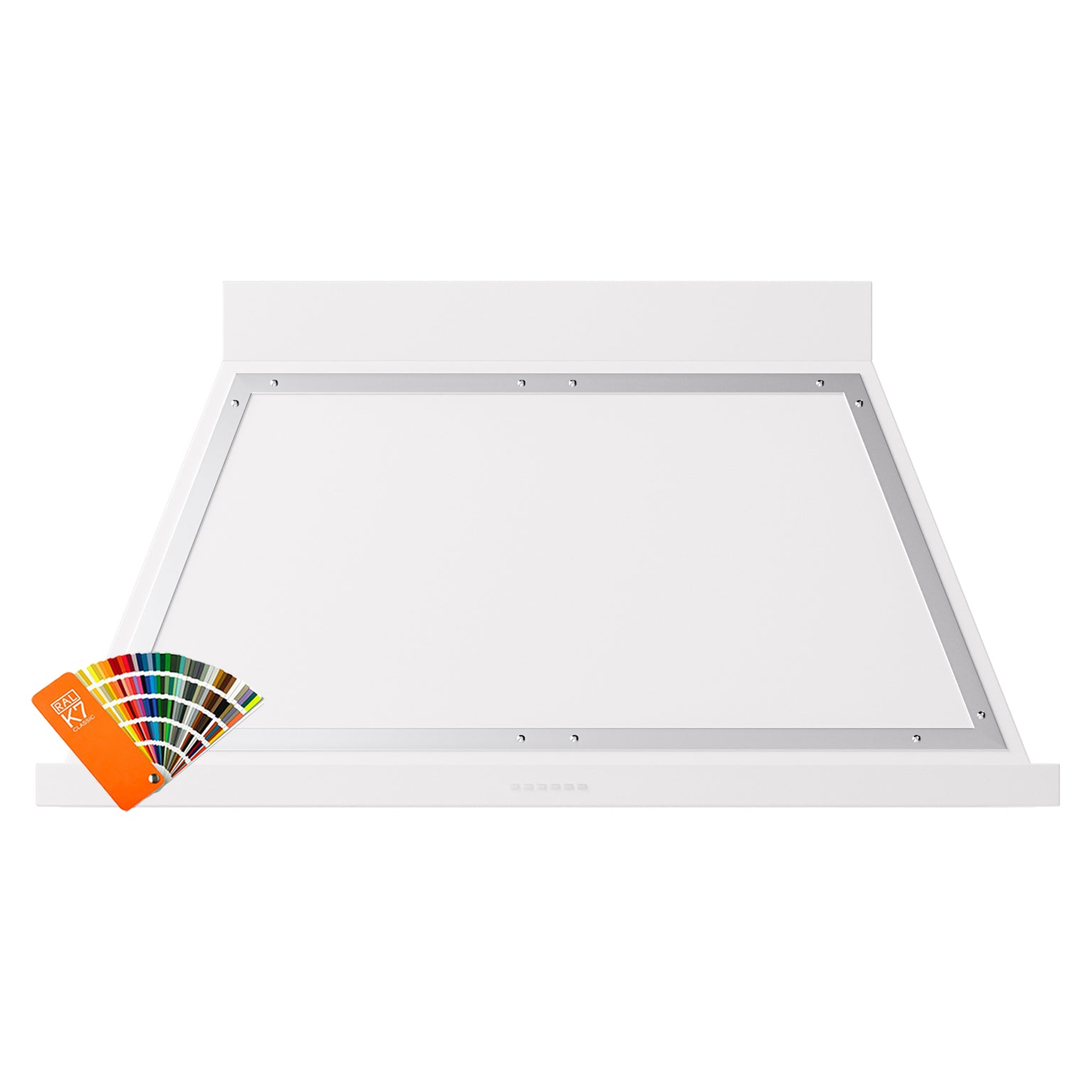 Wall-mounted range hood underside with open stainless filter frame and mounting holes