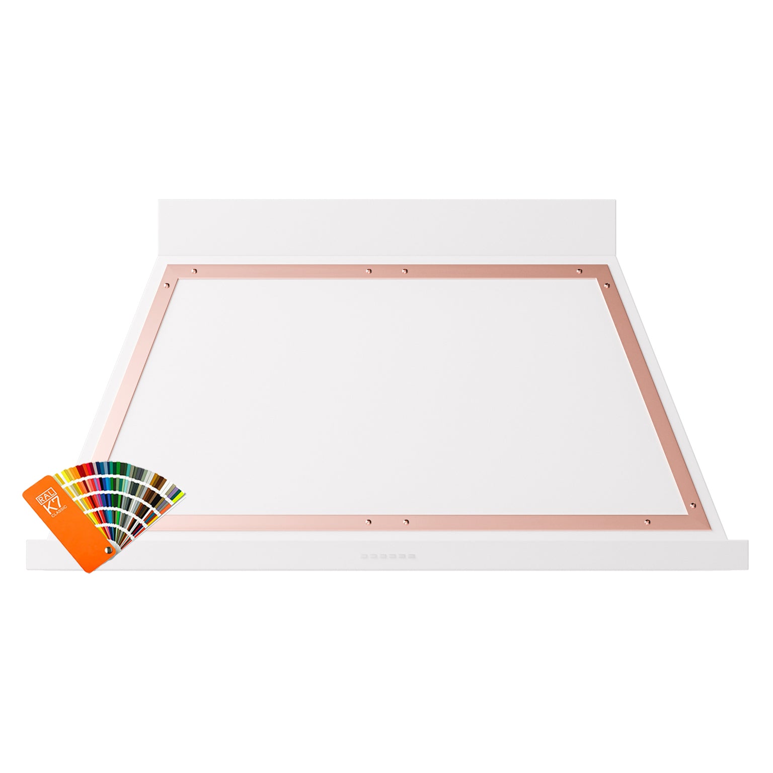 Wall-mounted range hood underside frame with copper trim and filter access opening