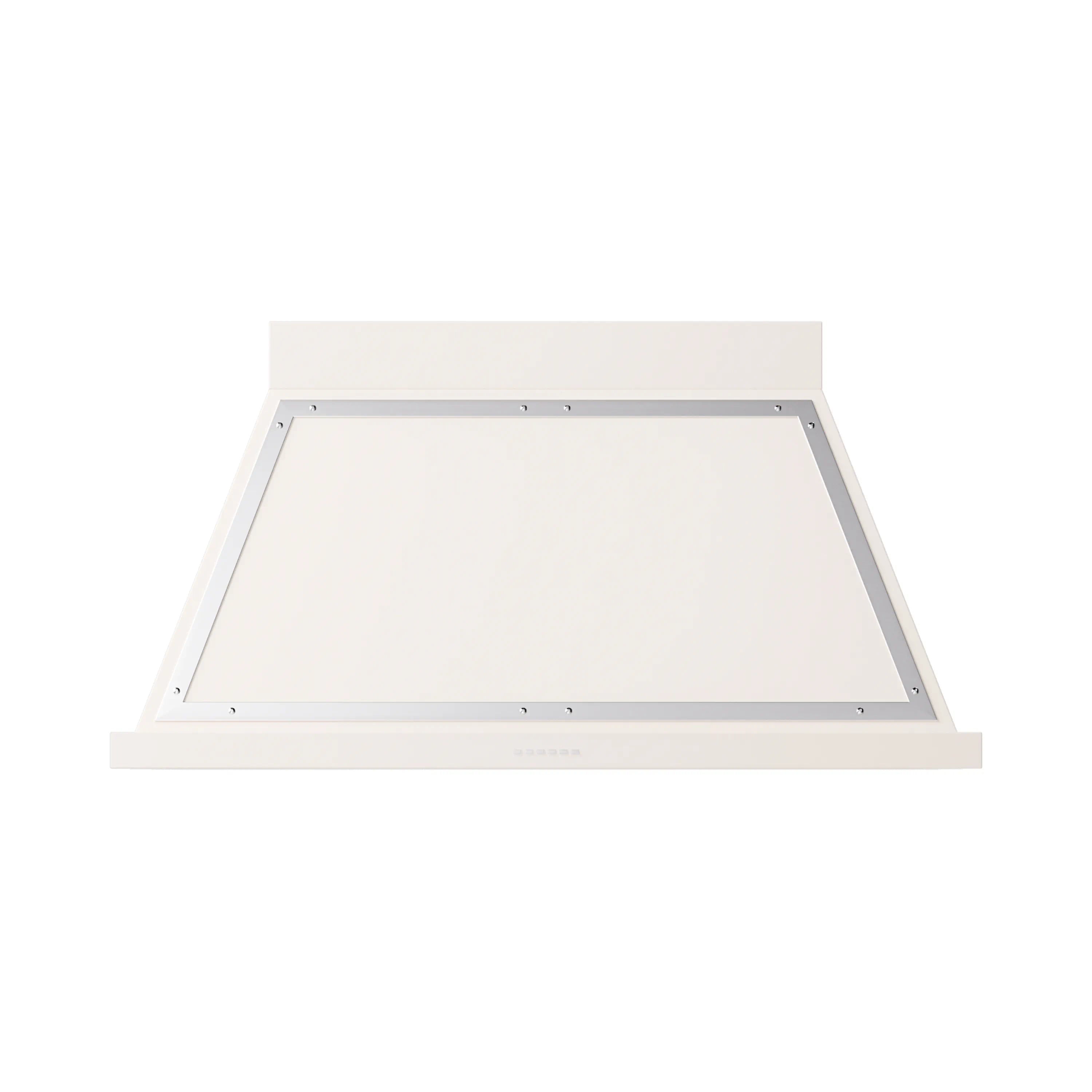 Antique white wall range hood with open underside mounting frame and chrome edges