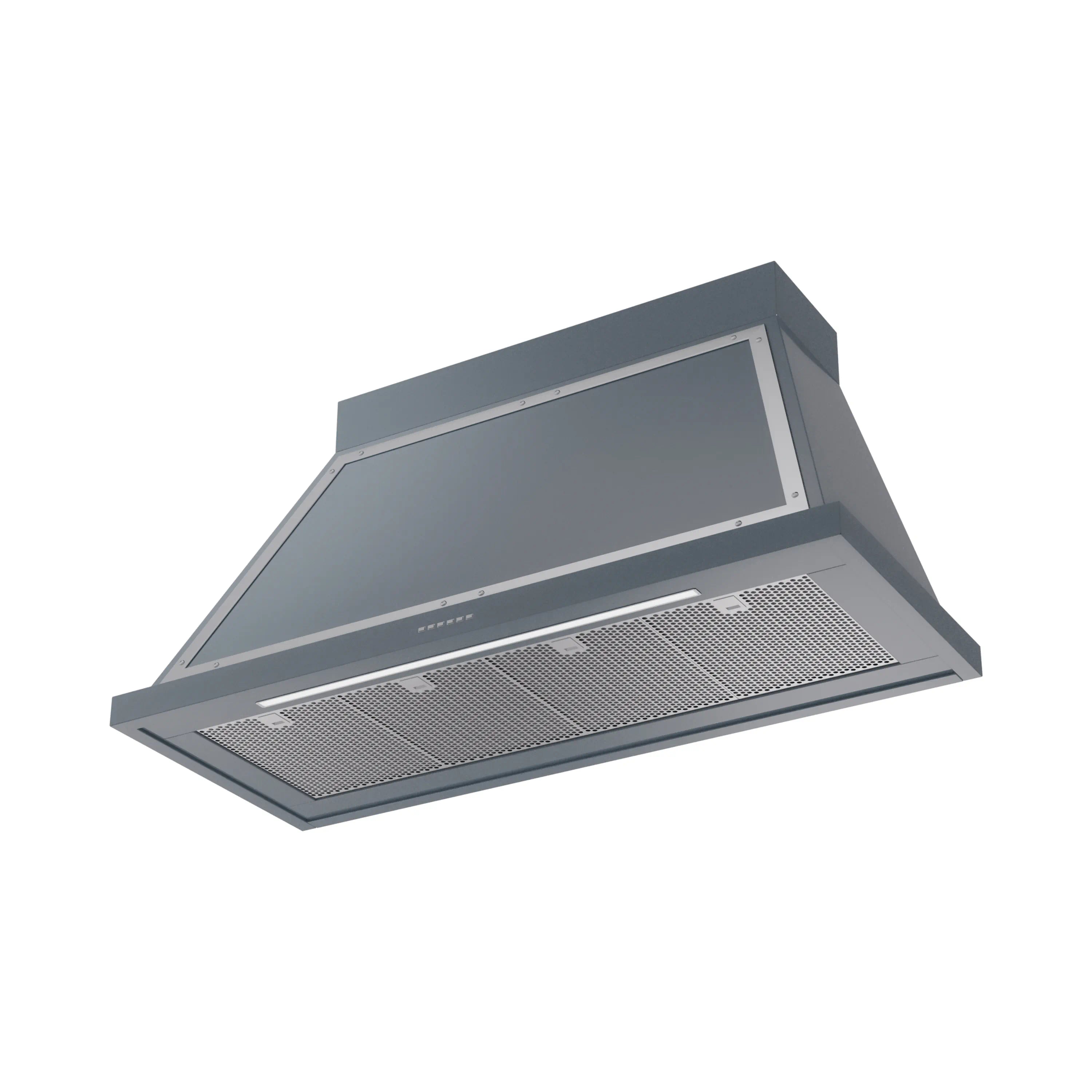Blue-grey wall-mounted range hood with chrome trim and vented filter grille