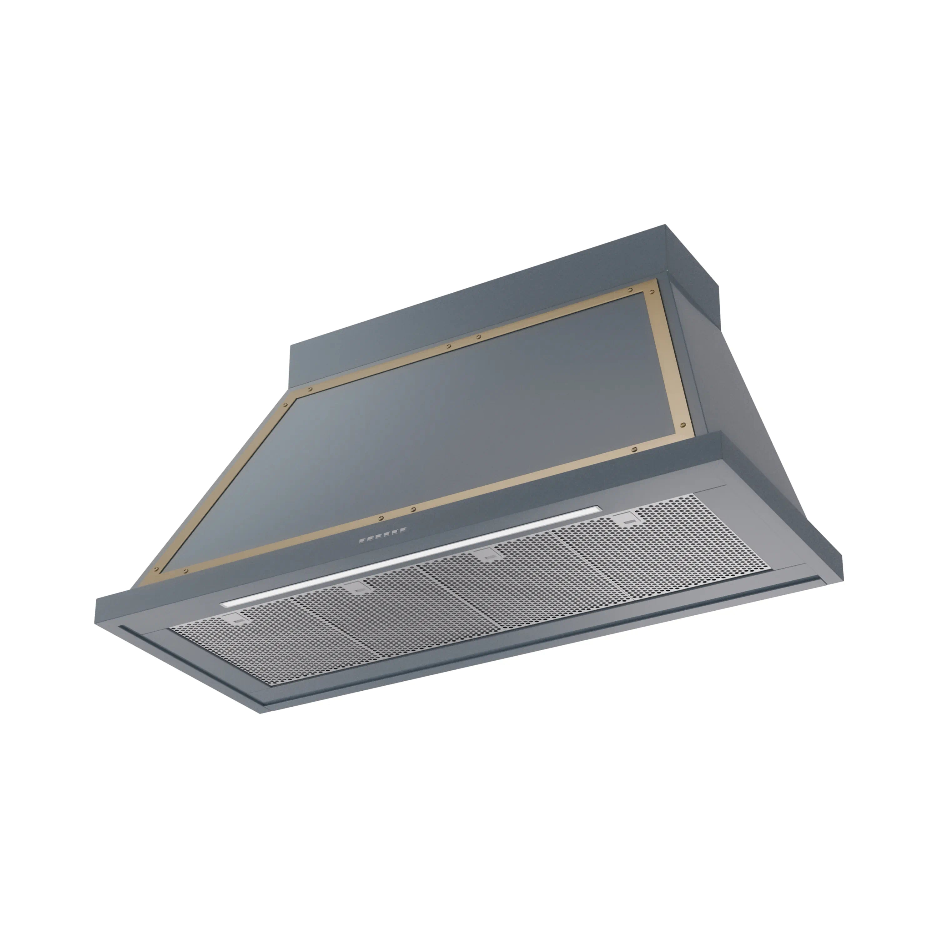 Blue grey wall-mounted range hood with brass trim and front grease filter panel