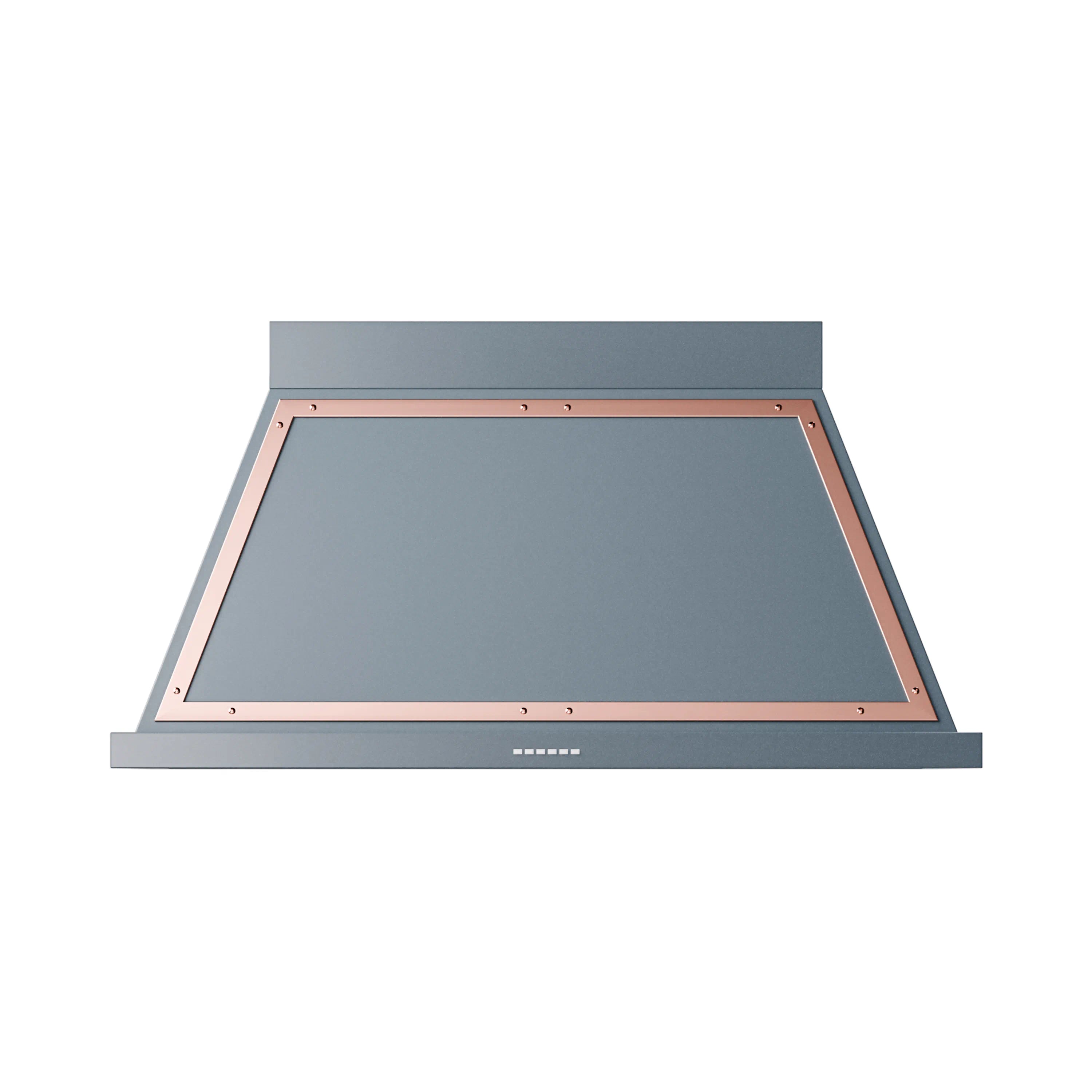 Blue-gray wall range hood underside view with copper border and baffle panels