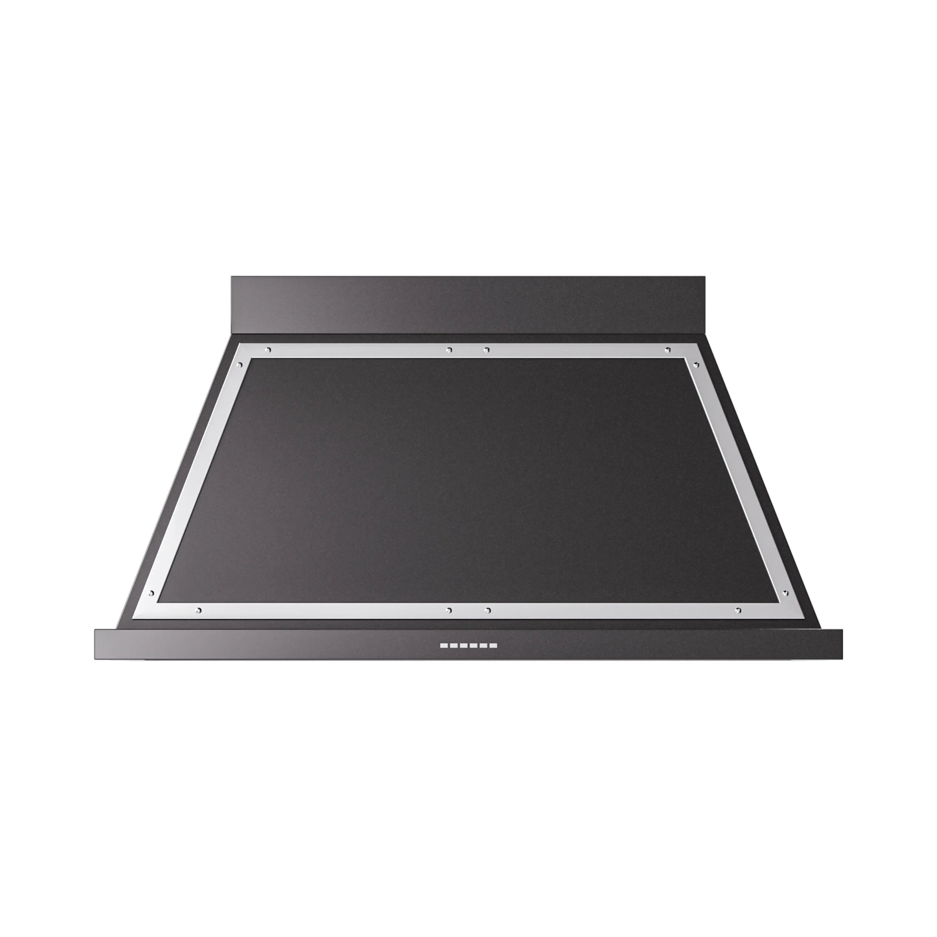 Wall range hood with glossy black interior, chrome trim border, and control strip.