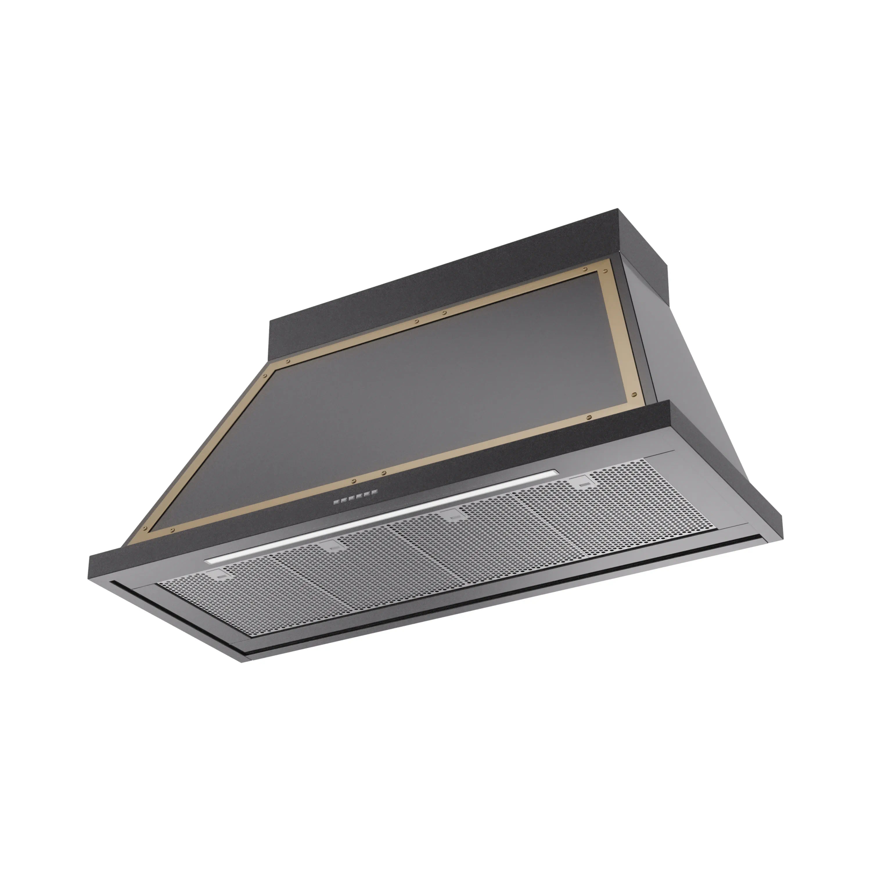 Glossy black wall range hood with brass trim and front mesh grease filters.