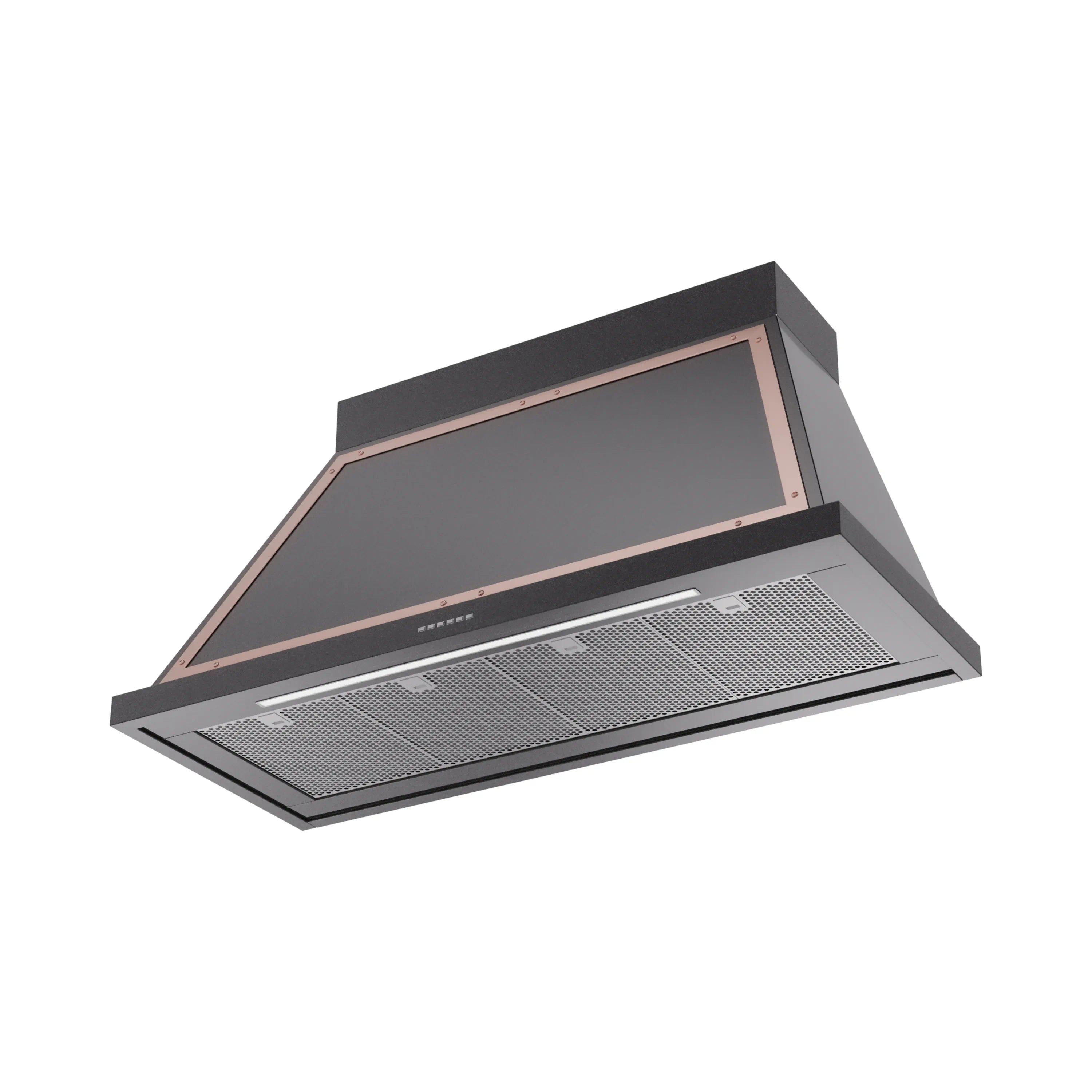 Glossy black wall hood with copper border, mesh filter, and control strip