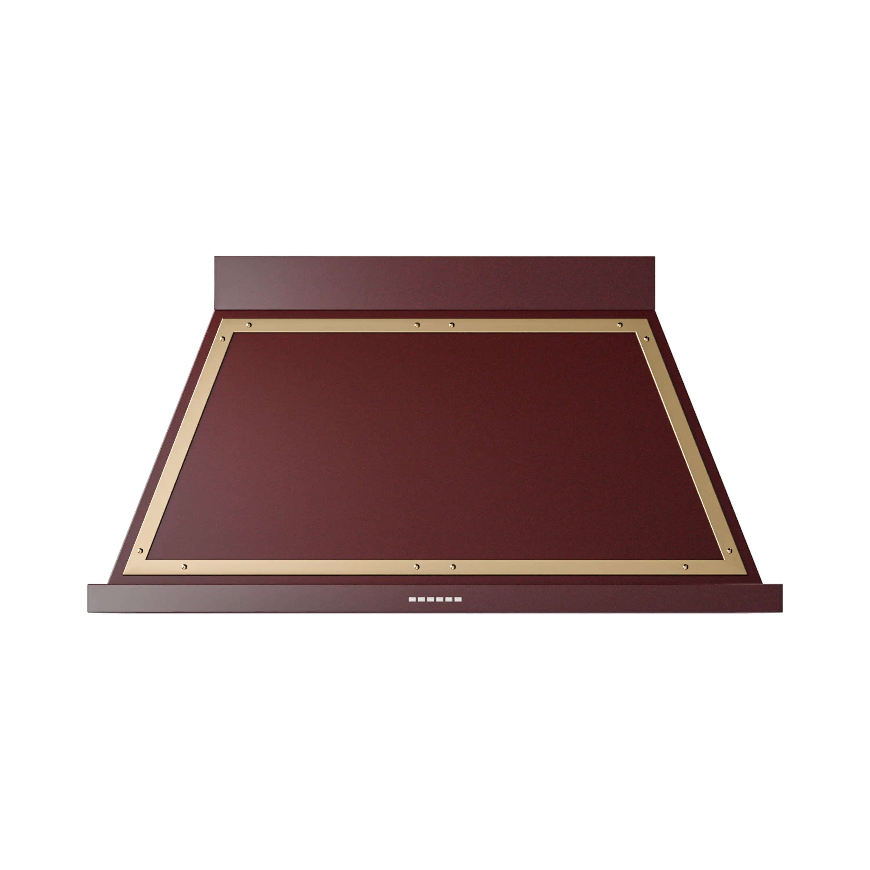 Burgundy wall-mounted range hood with brass-trimmed front opening and metal lower panel