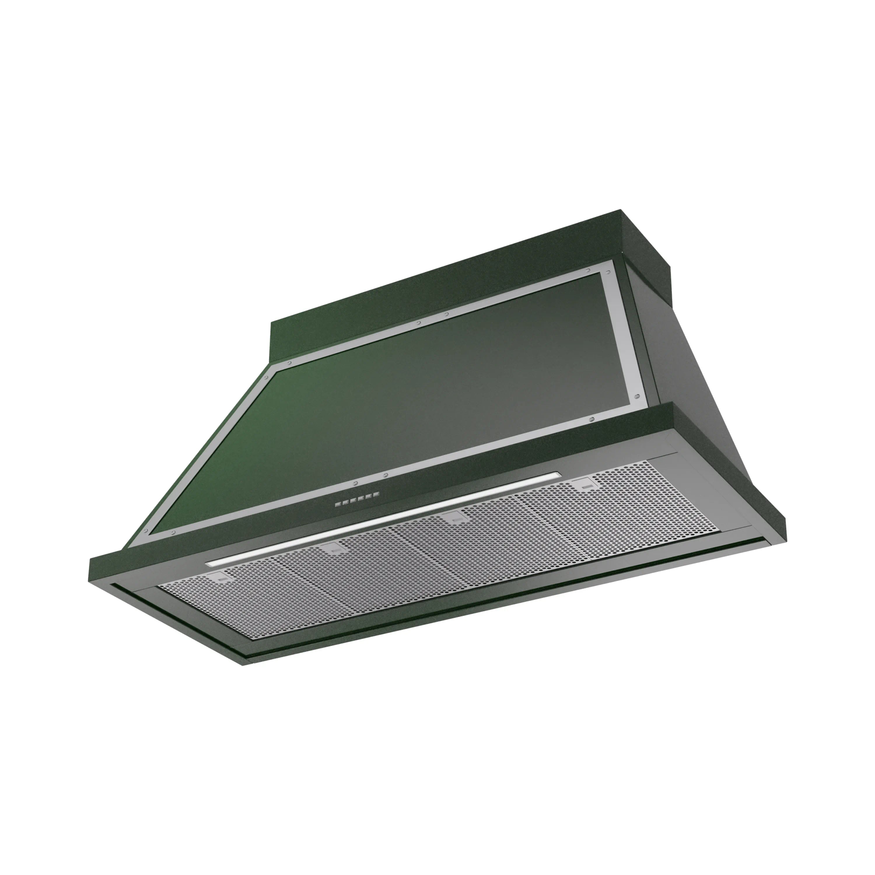 Emerald green wall range hood with chrome frame and mesh grease filters