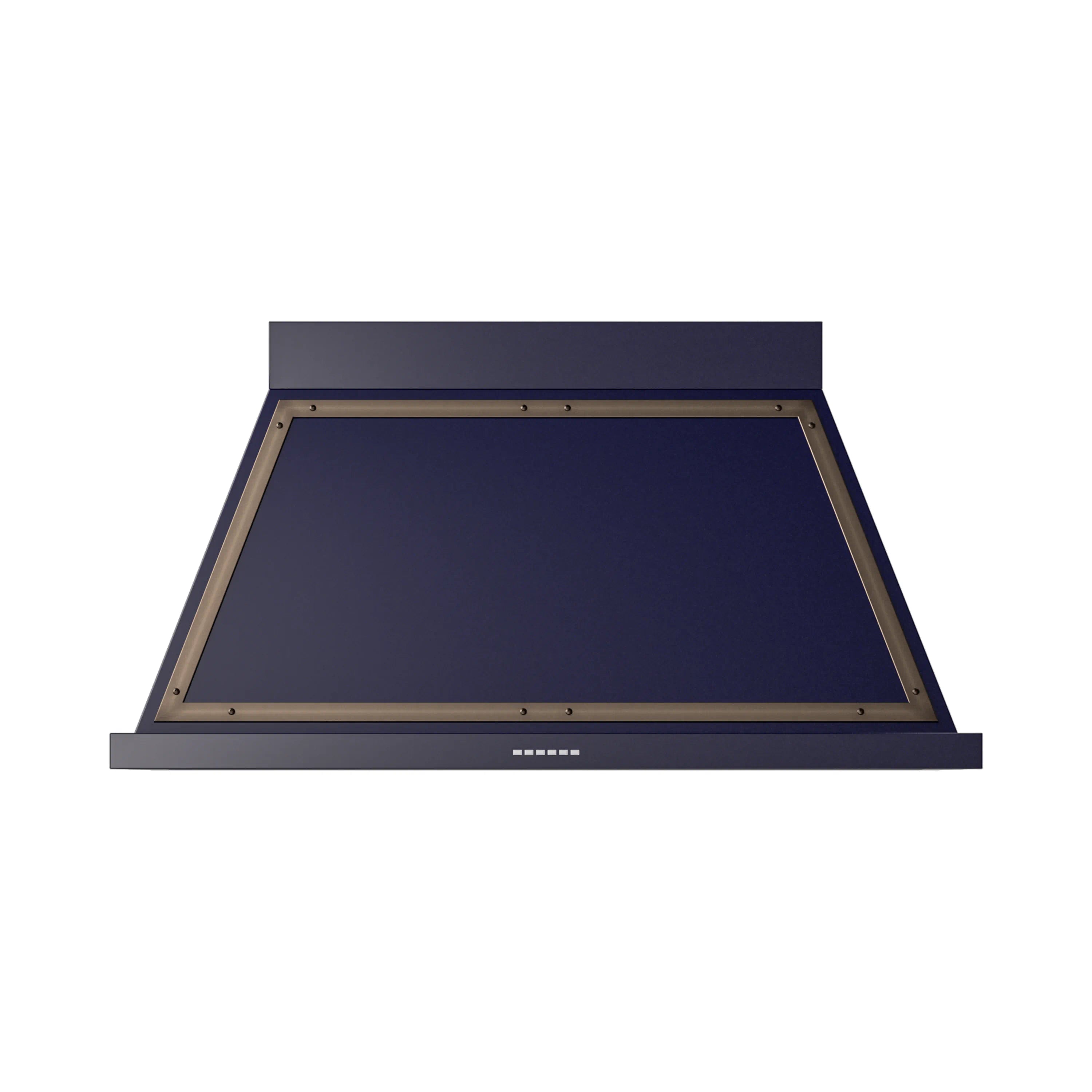 Midnight blue wall range hood with bronze-trimmed interior opening under canopy