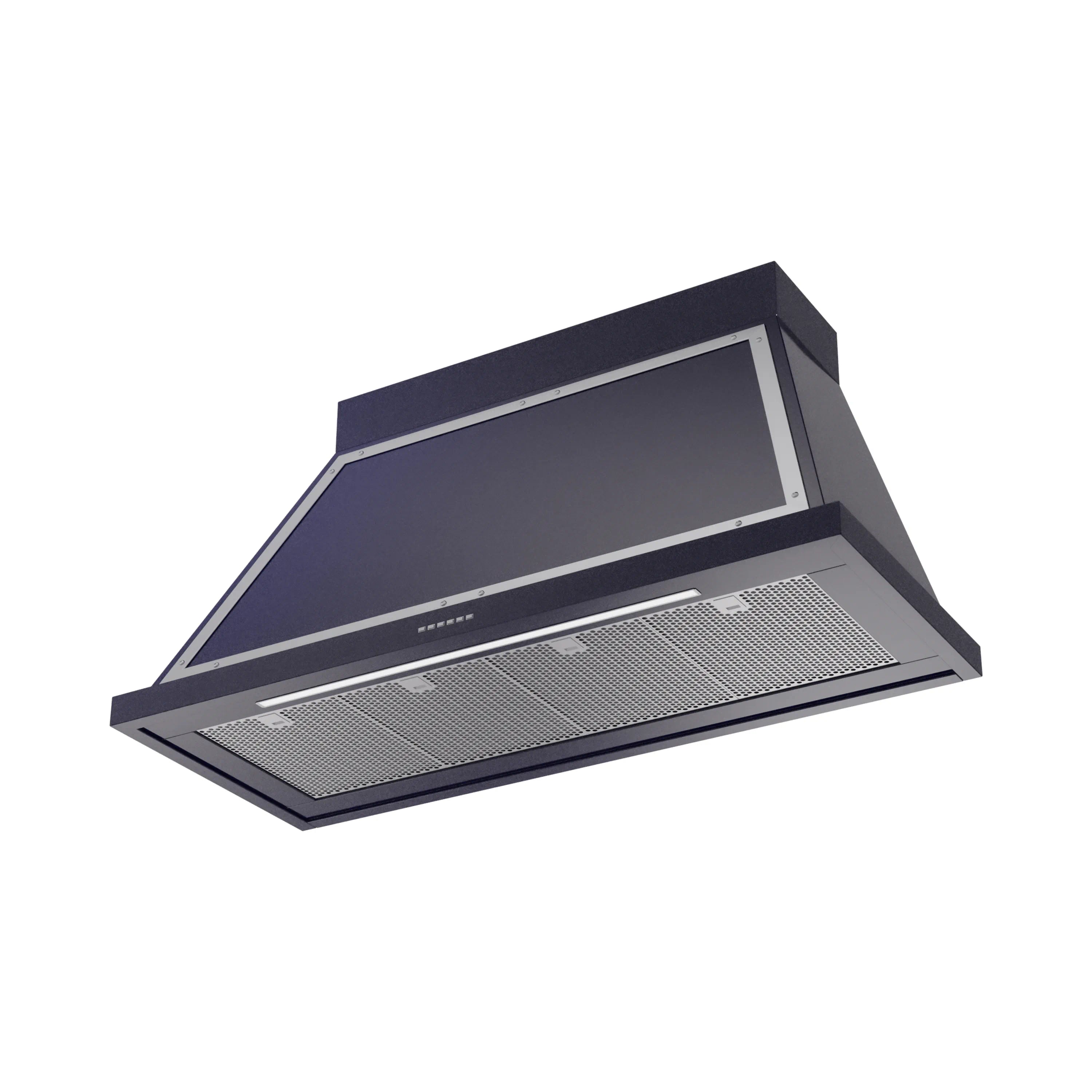 Wall-mount range hood in midnight blue with chrome trim and mesh filter