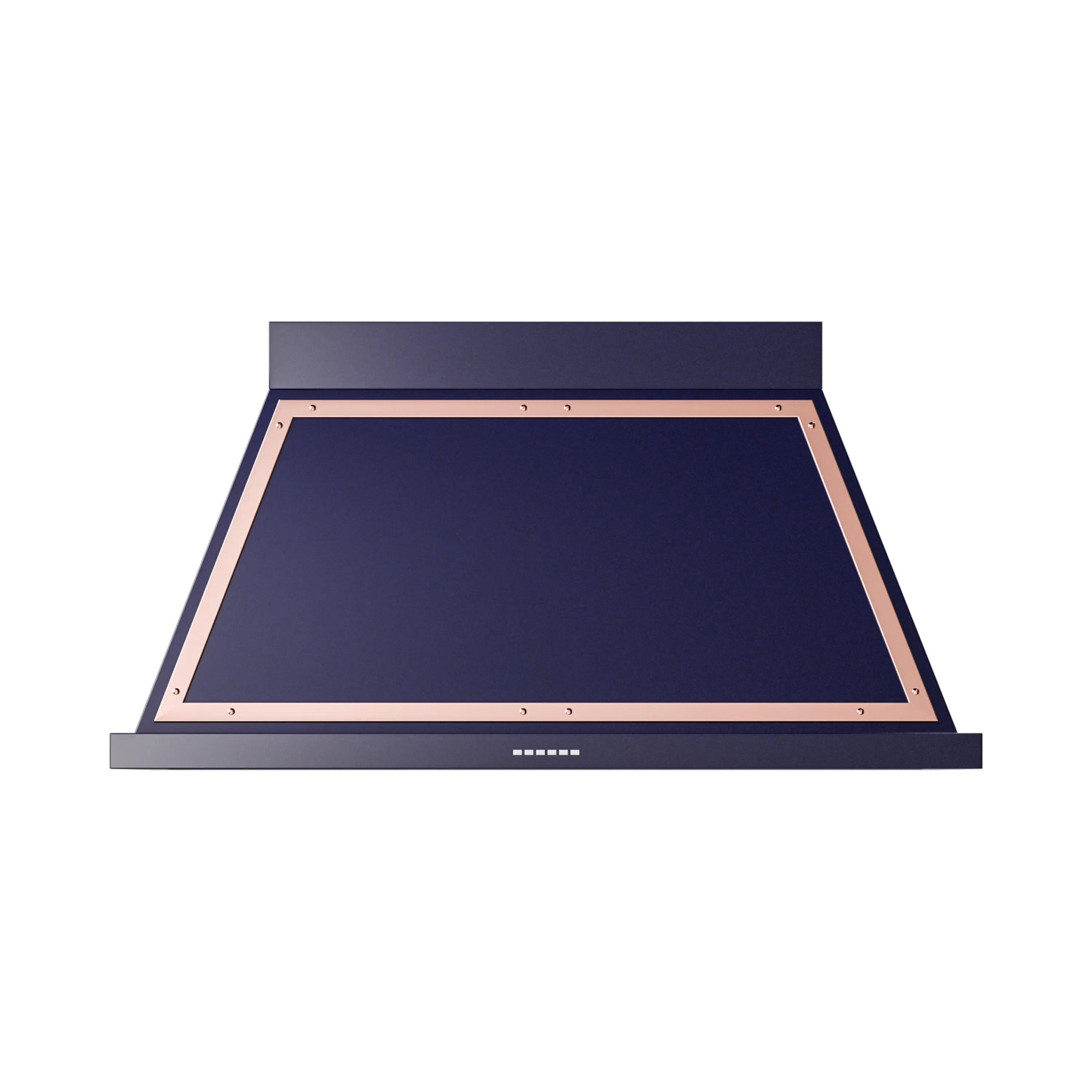 Midnight blue wall-mounted range hood with copper frame and vented filter grid