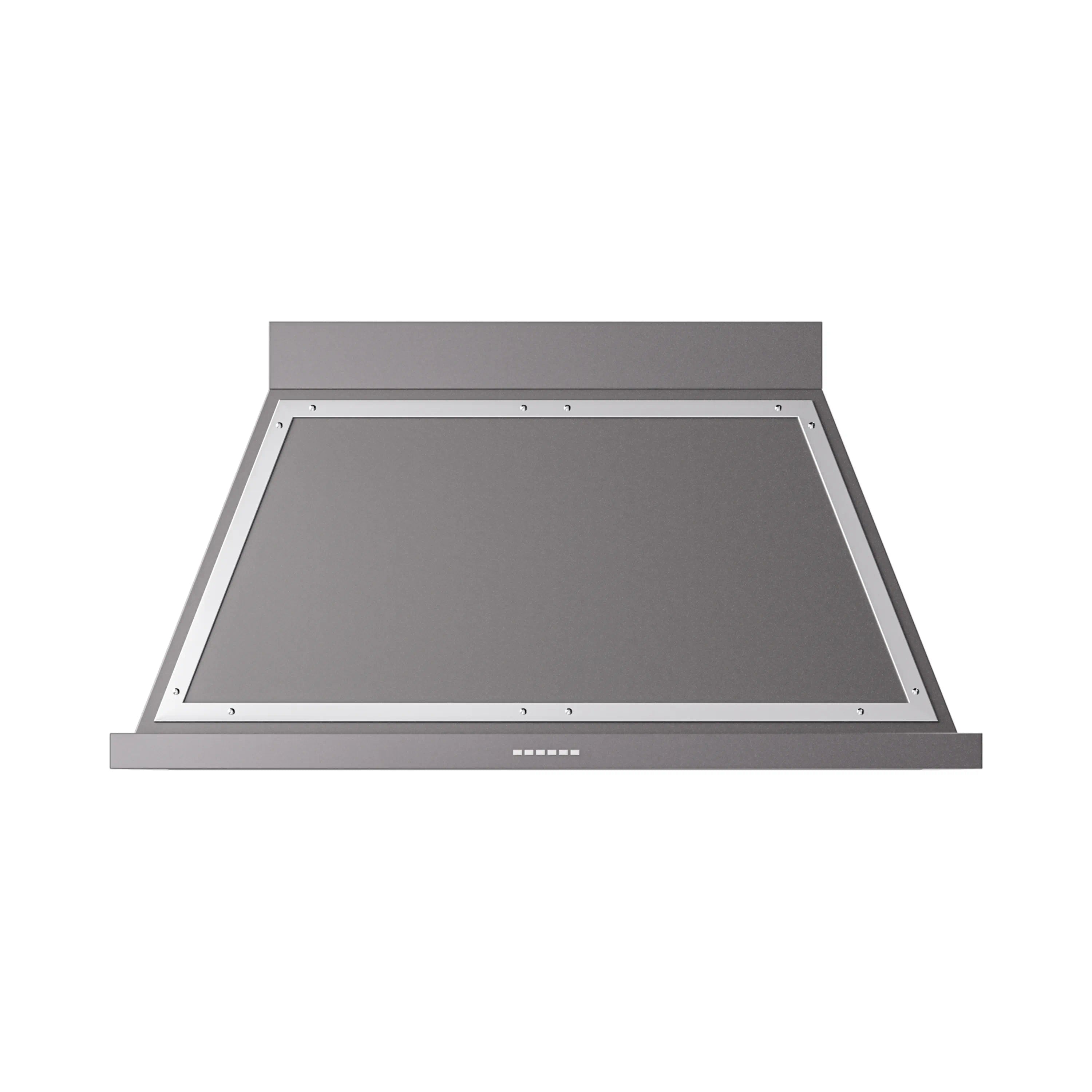 Graphite matte wall range hood with chrome trim, open chimney and interior baffle