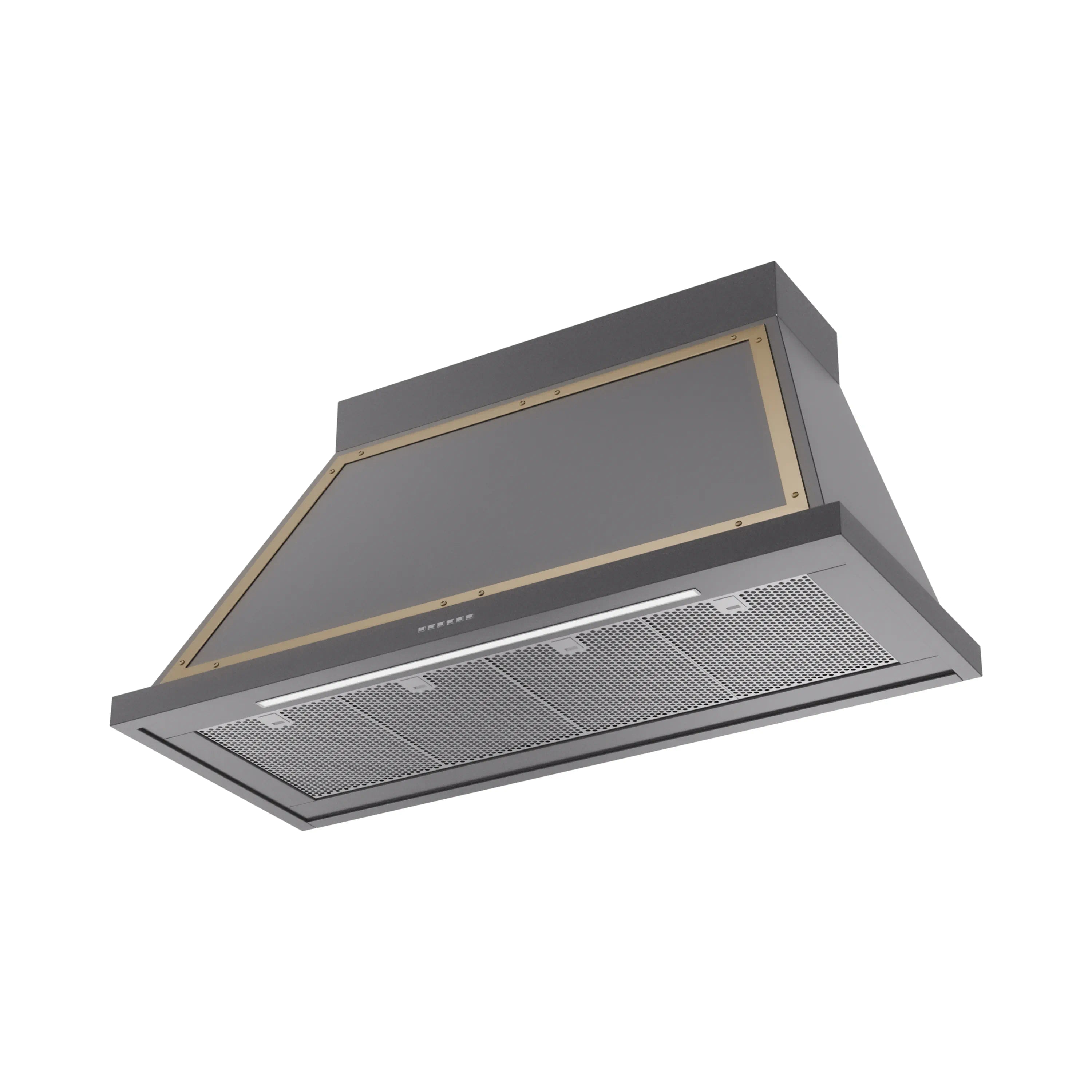 Graphite wall range hood with brass trim, mesh filters, and vent control strip