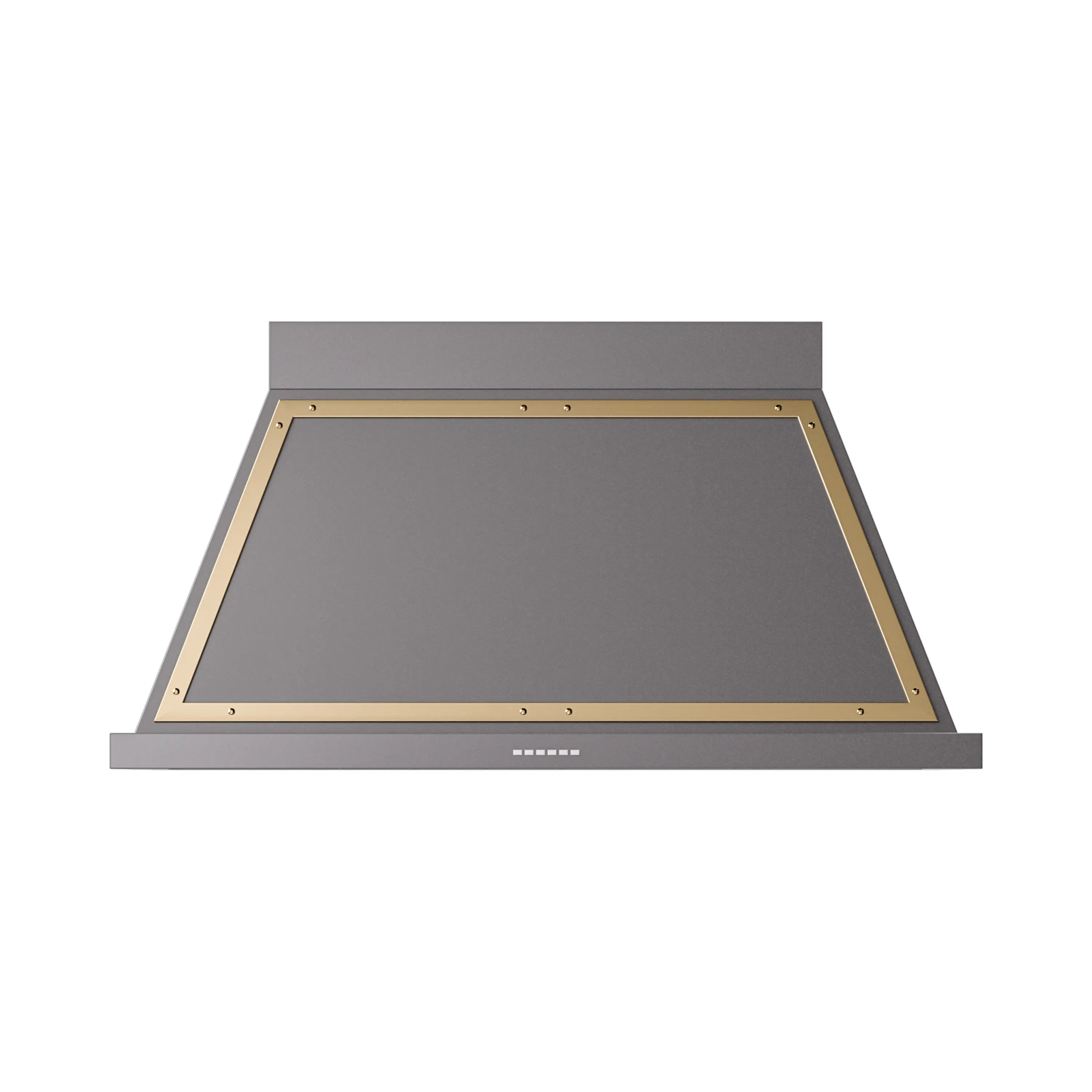 Graphite wall range hood with brass-trimmed underside panel and central vent opening