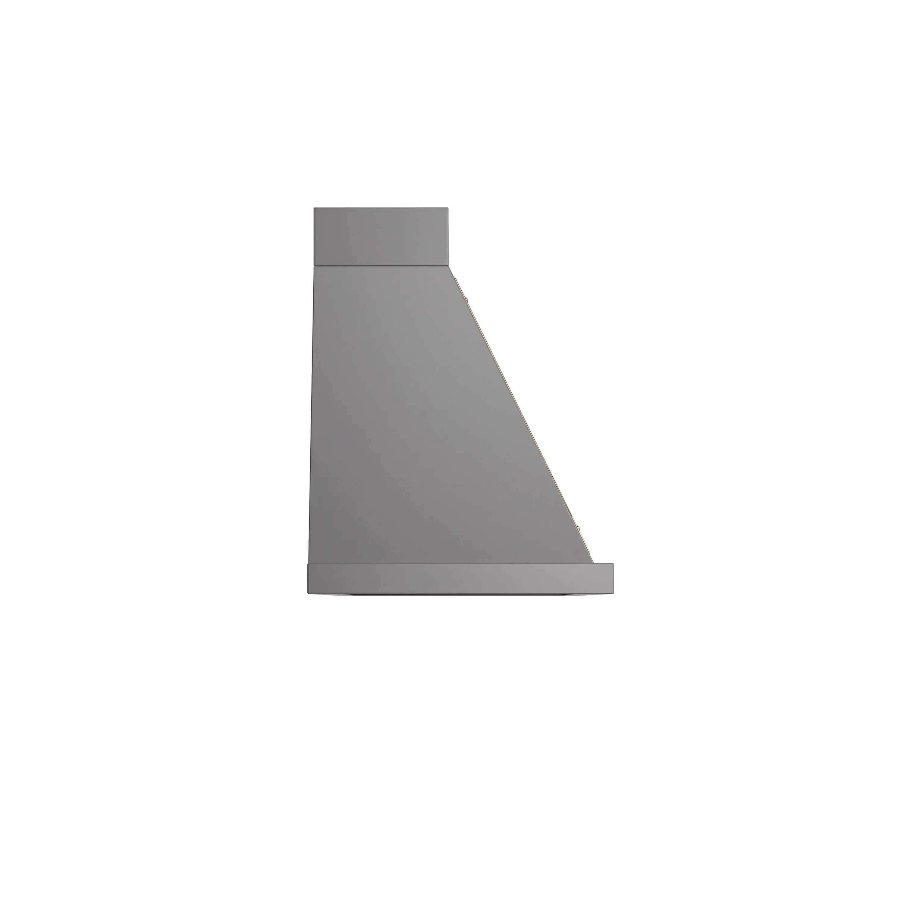 Graphite matte wall range hood with brass-trimmed chimney