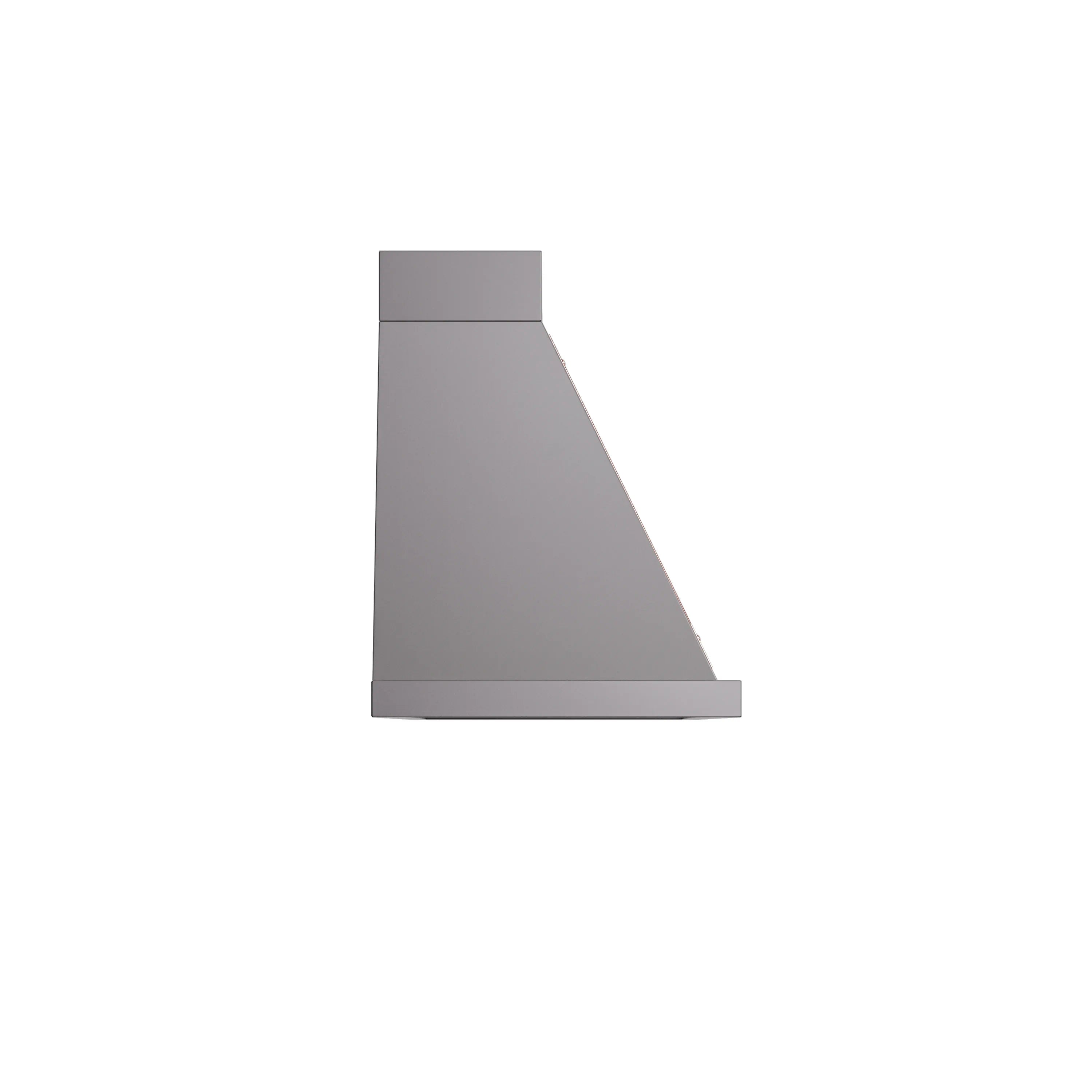 Graphite matte wall-mounted range hood with copper trim, angled view